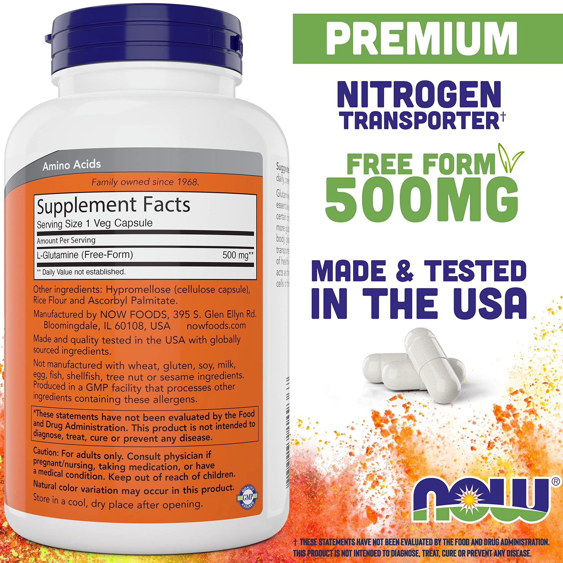 Now Foods L-Glutamine vegetarian capsule supplement bottle