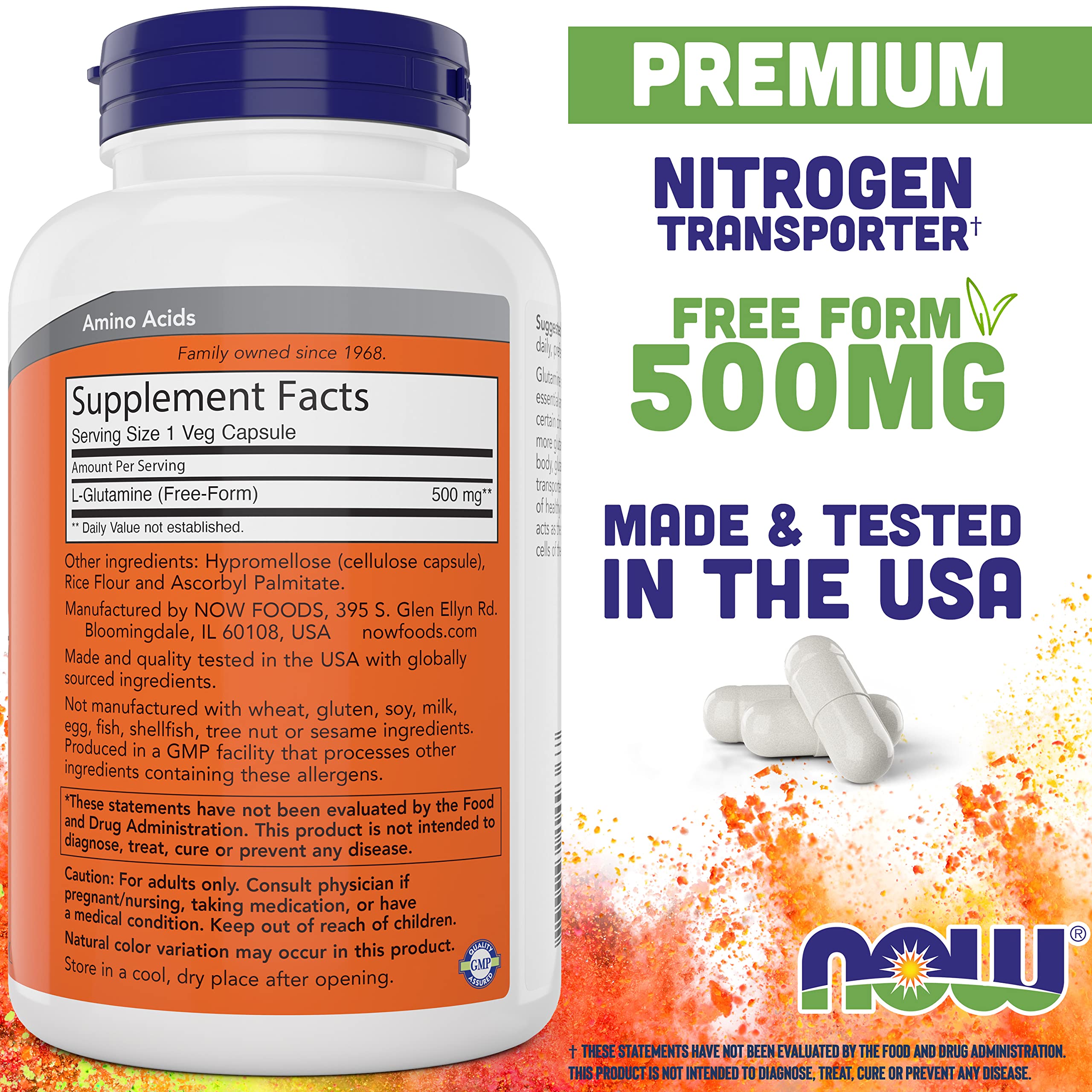 Now Foods L-Glutamine vegetarian capsule supplement bottle