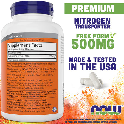 Now Foods L-Glutamine vegetarian capsule supplement bottle