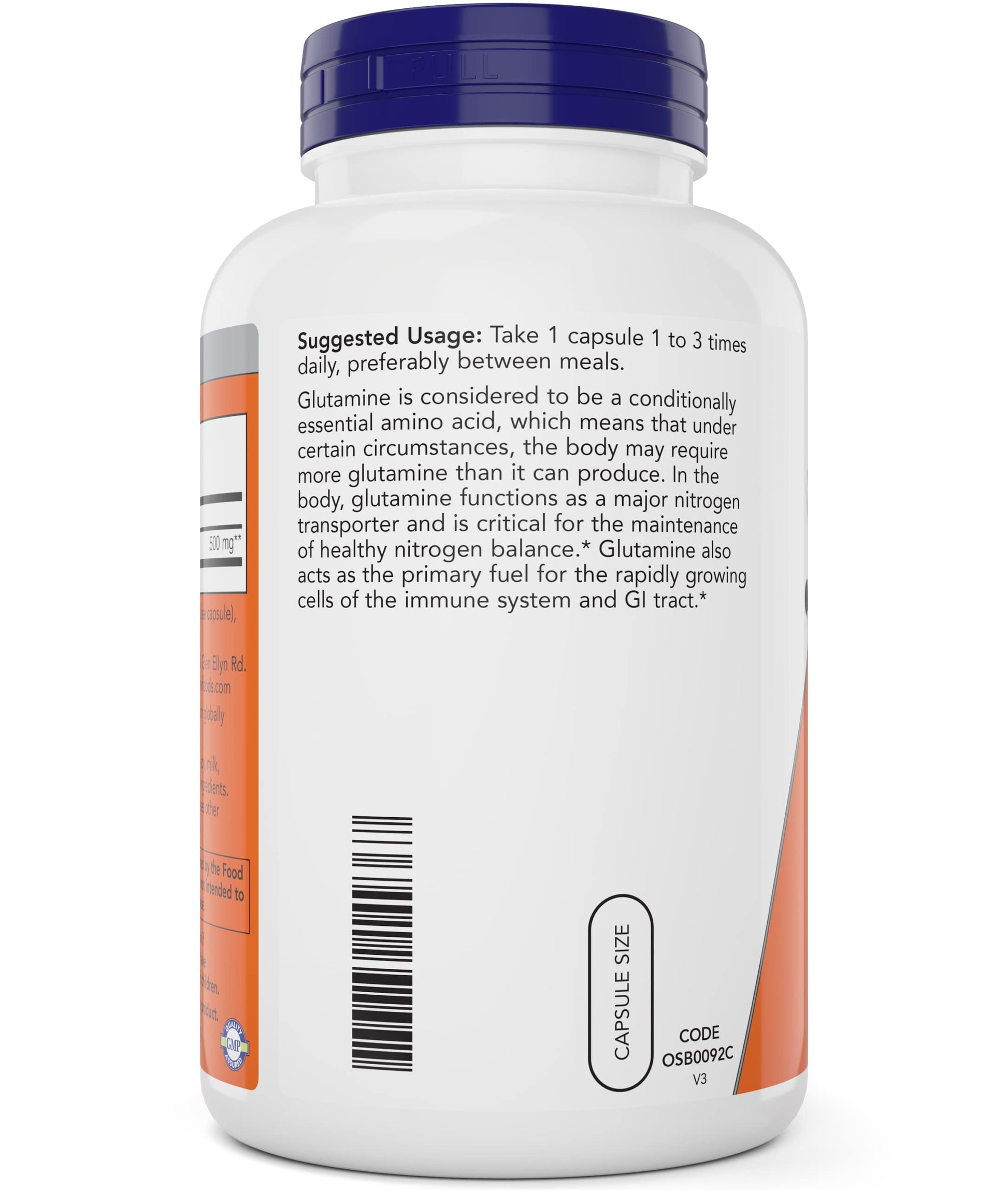 Now Foods L-Glutamine 500mg ingredients label