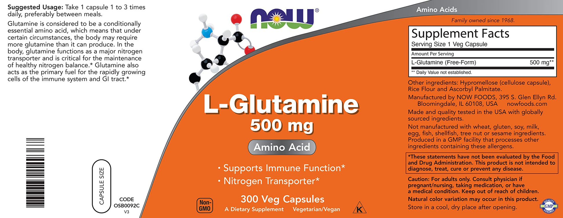 Close up of Now Foods L-Glutamine 300 capsule bottle