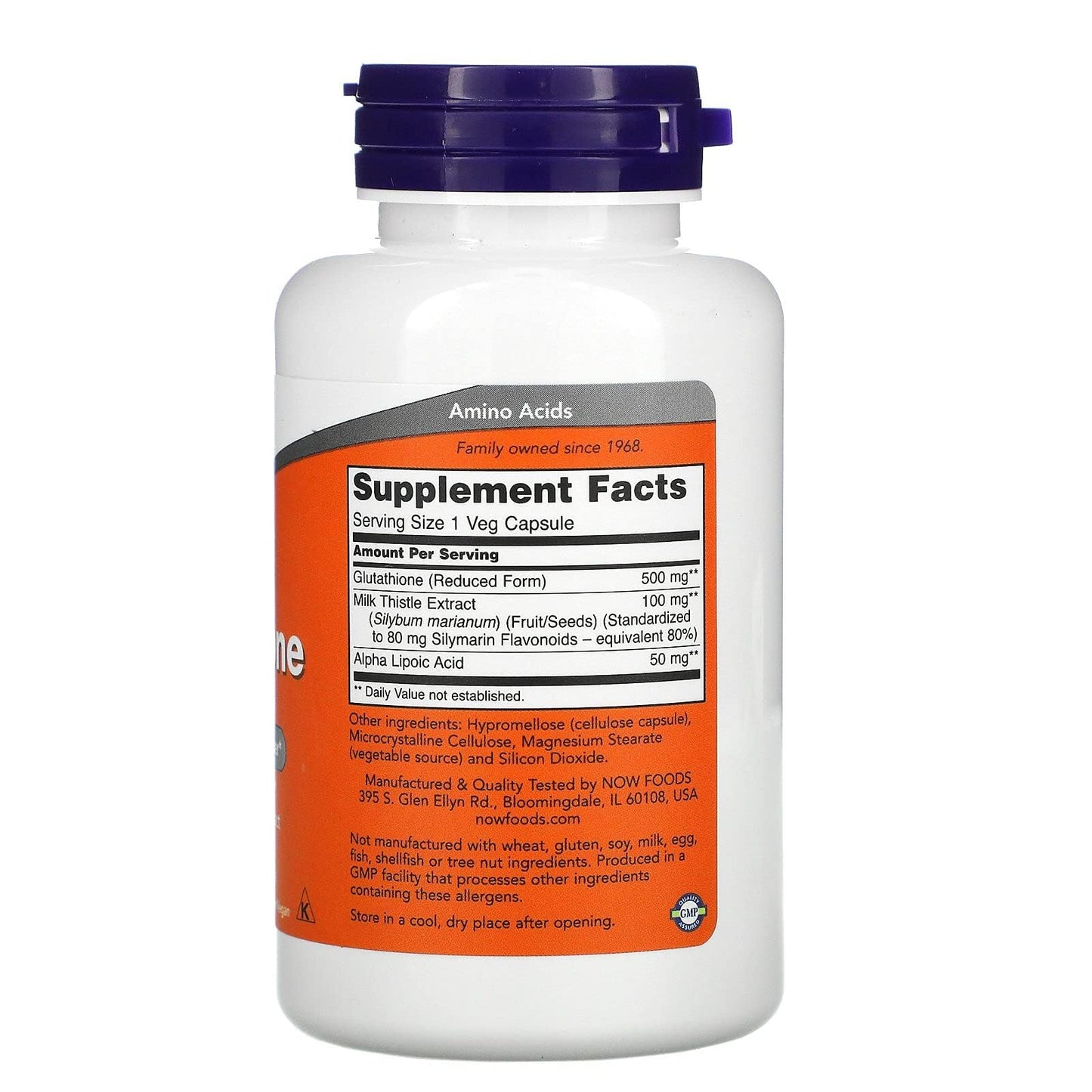 NOW Foods Glutathione 500mg dietary supplement packaging displaying active ingredients and serving size details