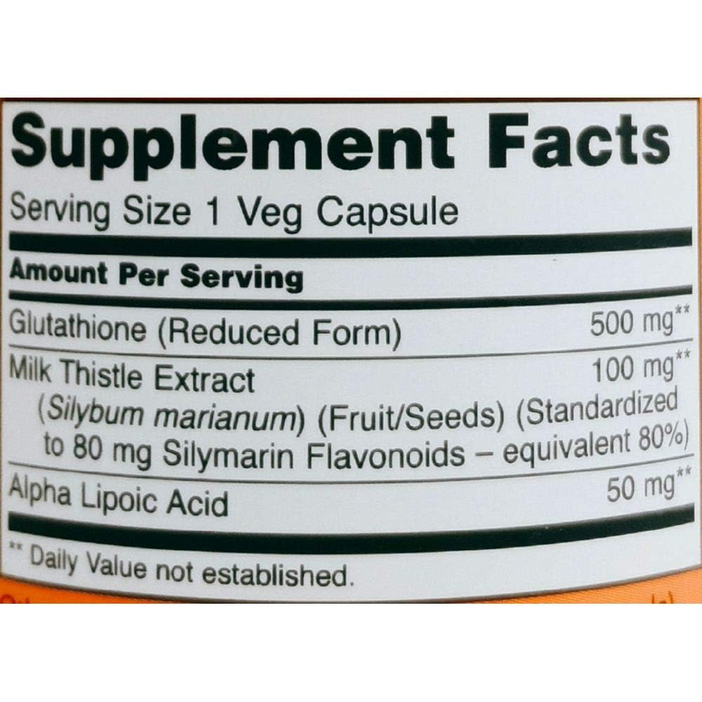 Authentic imported NOW Foods Glutathione supplement bottle featuring clean vegetarian and non-GMO certification seals