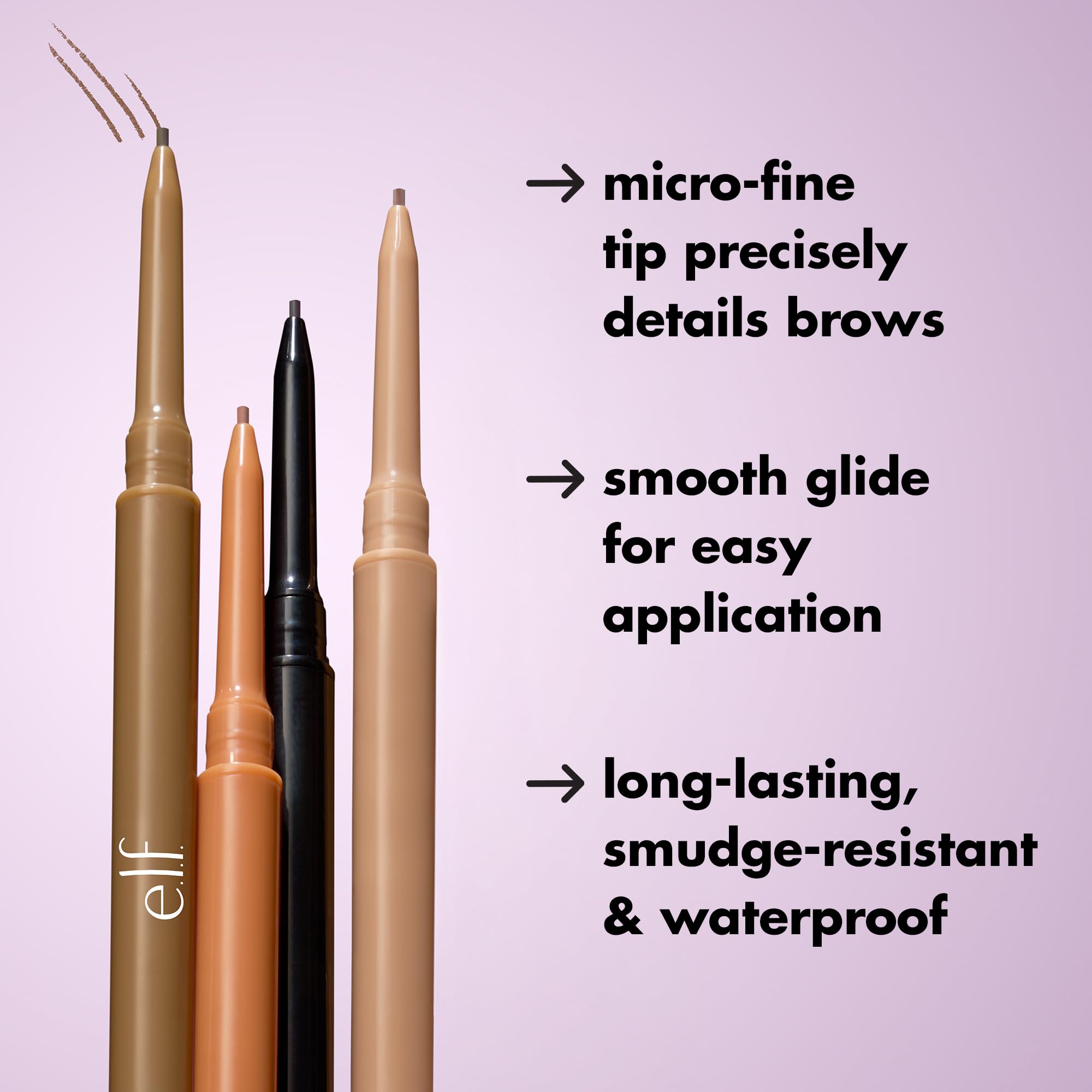 Dual-ended waterproof eyebrow pencil showing the micro 1mm precision applicator tip up close.
