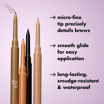 Dual-ended waterproof eyebrow pencil showing the micro 1mm precision applicator tip up close.