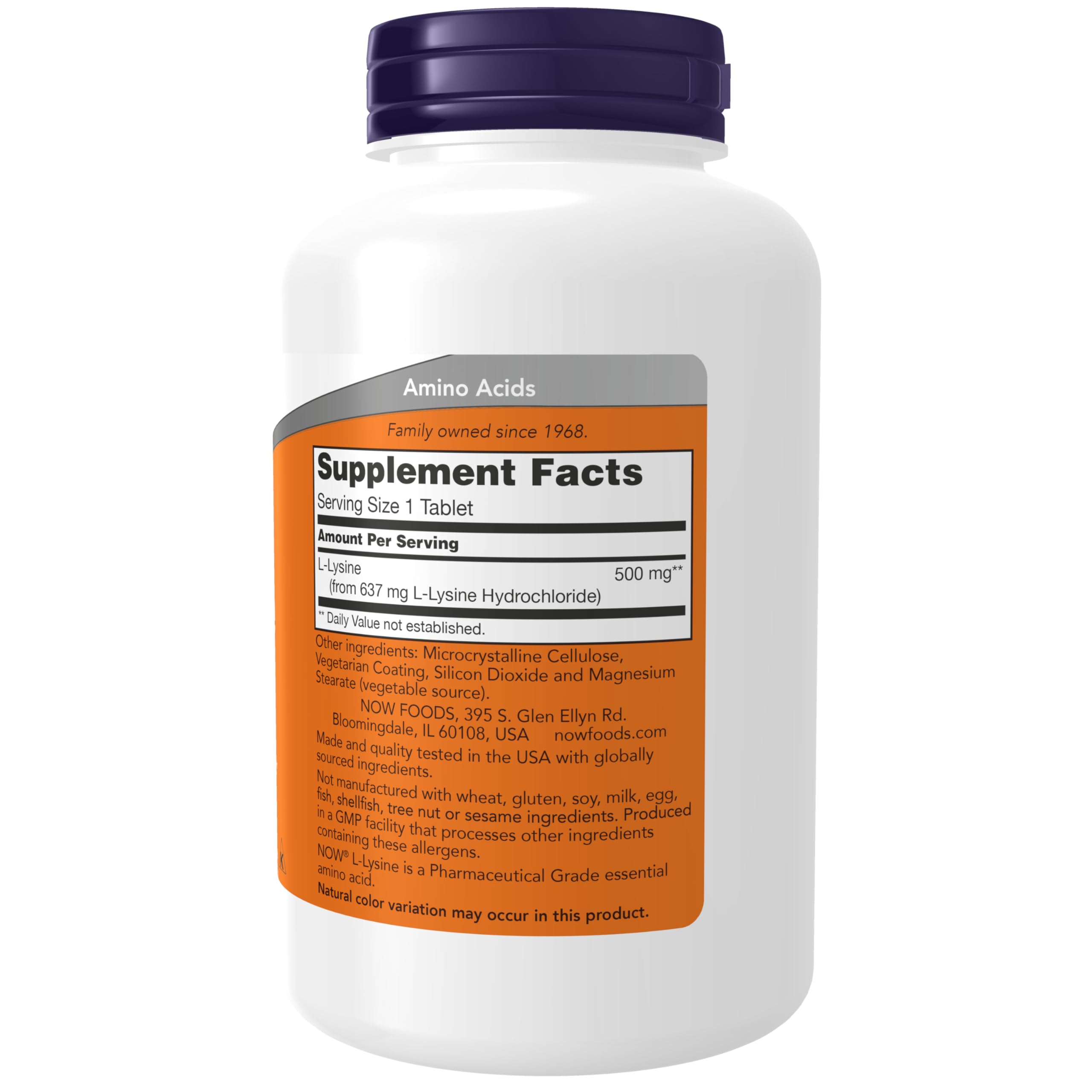 Now Foods L-Lysine amino acid supplement label showing ingredients and daily value
