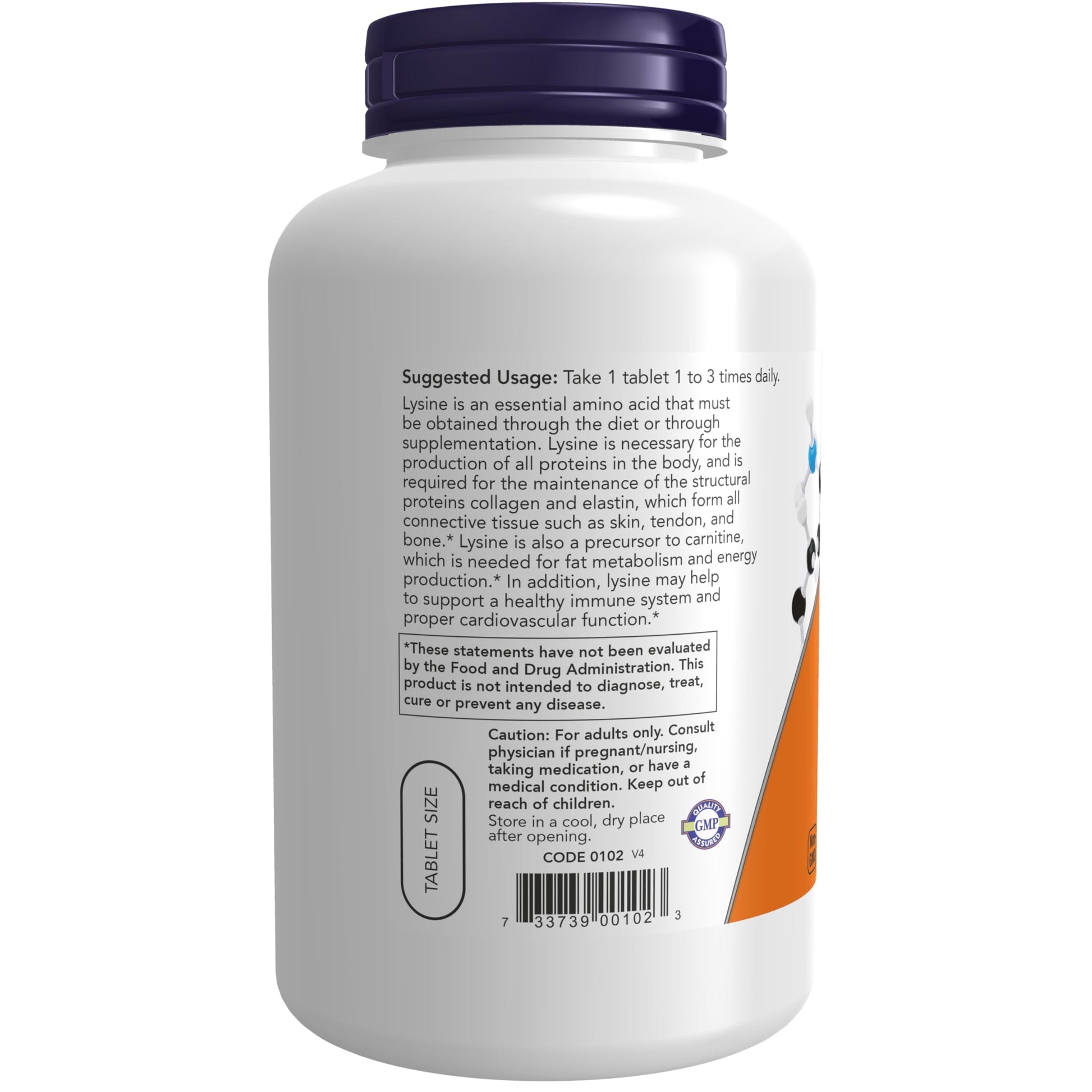 Now Foods L-Lysine 500 mg essential amino acid tablets side view directions