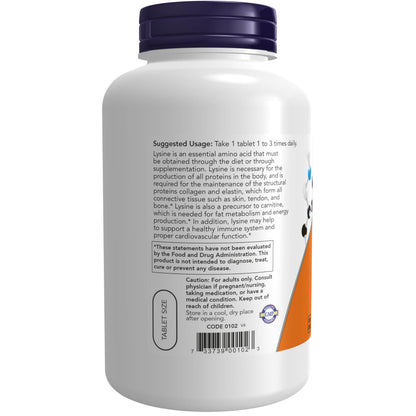 Now Foods L-Lysine 500 mg essential amino acid tablets side view directions