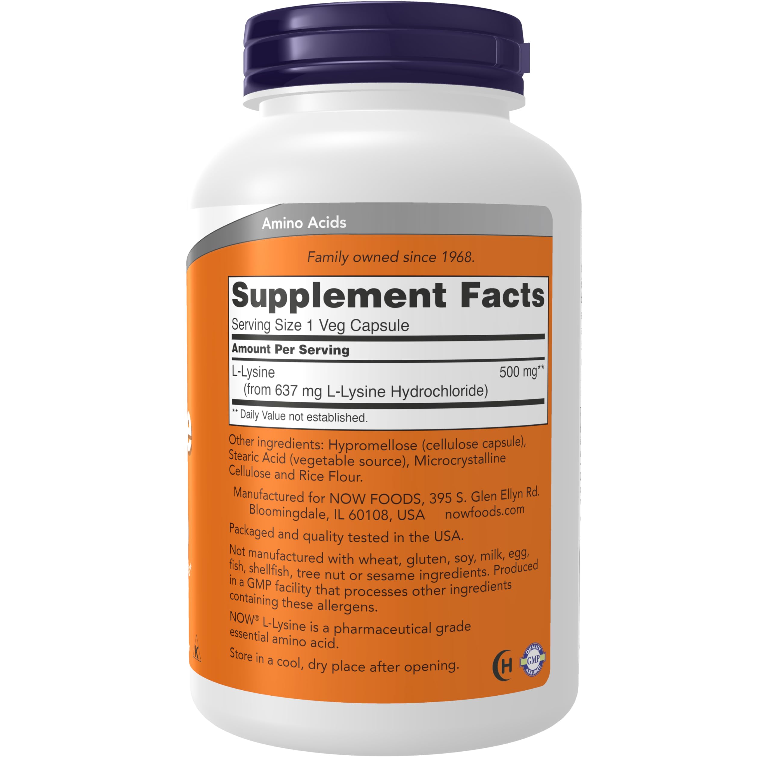 Now Foods L Lysine essential amino acid supplement label ingredients and serving size details