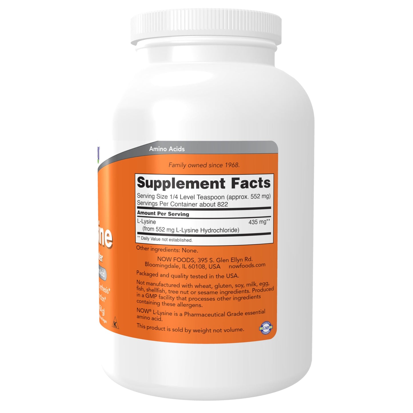 Side angle of the NOW Foods essential amino acid powder bottle displaying nutritional facts and dosage instructions.