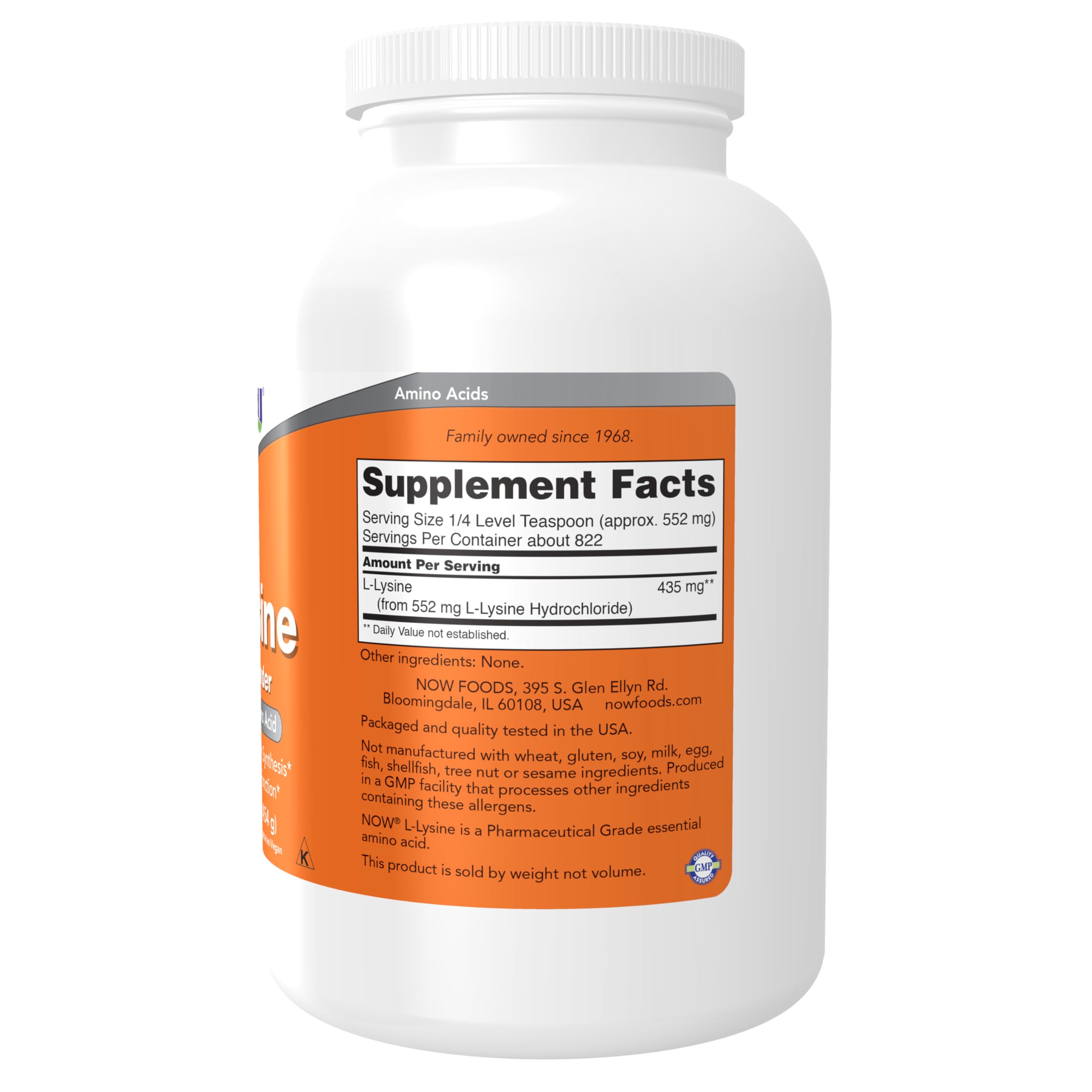 Side angle of the NOW Foods essential amino acid powder bottle displaying nutritional facts and dosage instructions.
