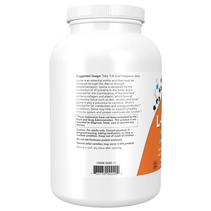 Unflavored pharmaceutical grade L-Lysine supplement by NOW Foods for immune health.