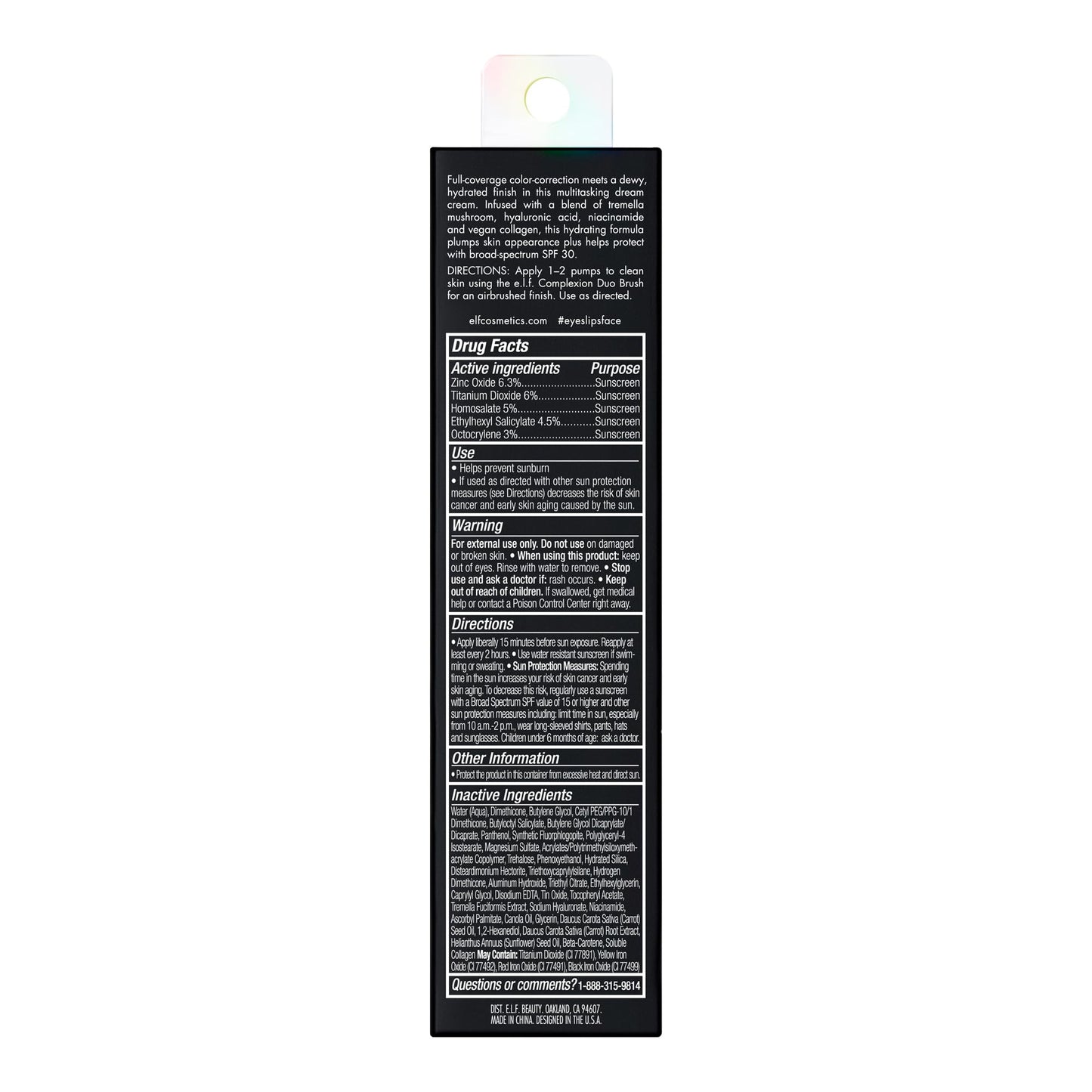 E.l.f. Hydrating Camo CC Cream ingredient list on box
