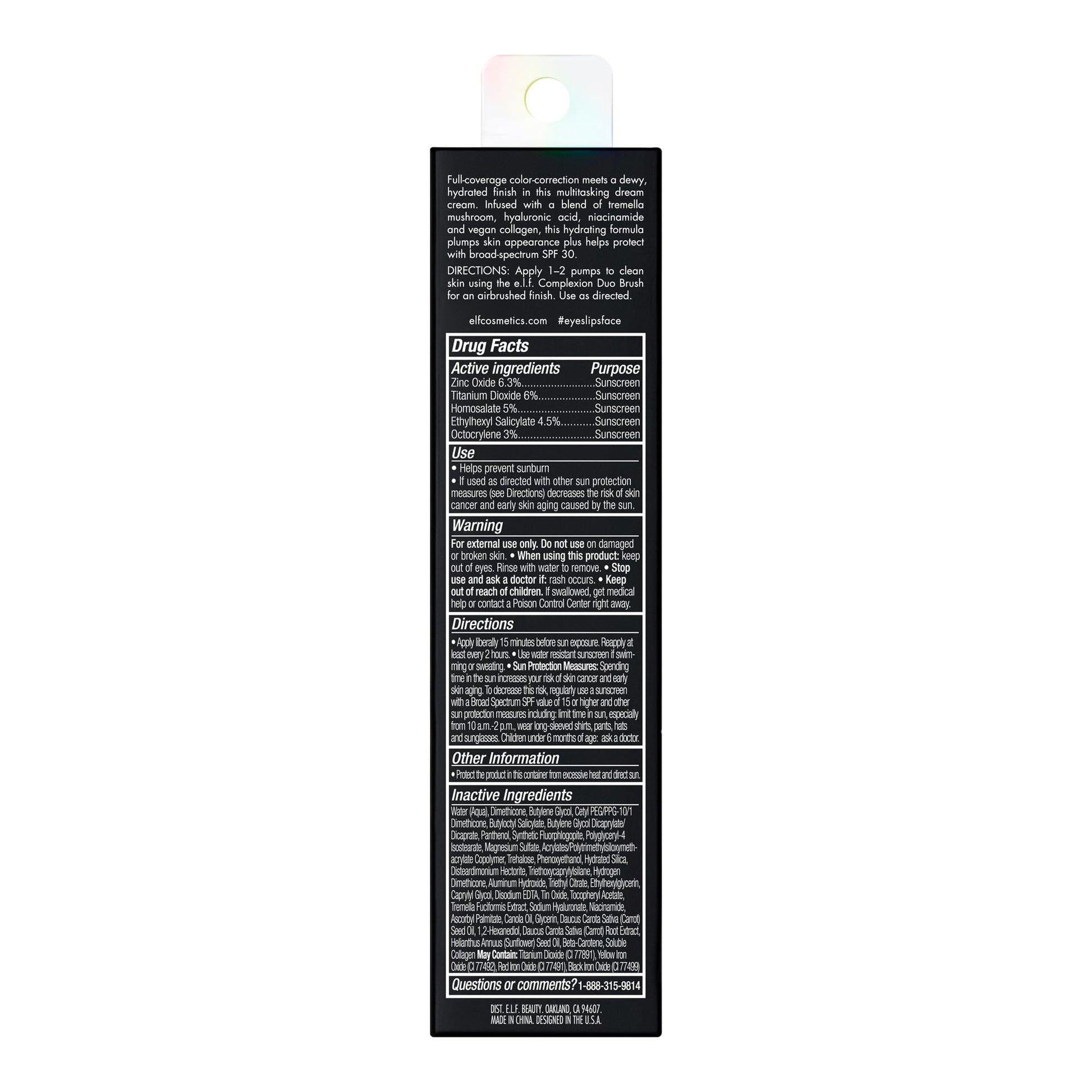 E.l.f. Hydrating Camo CC Cream ingredient list on box