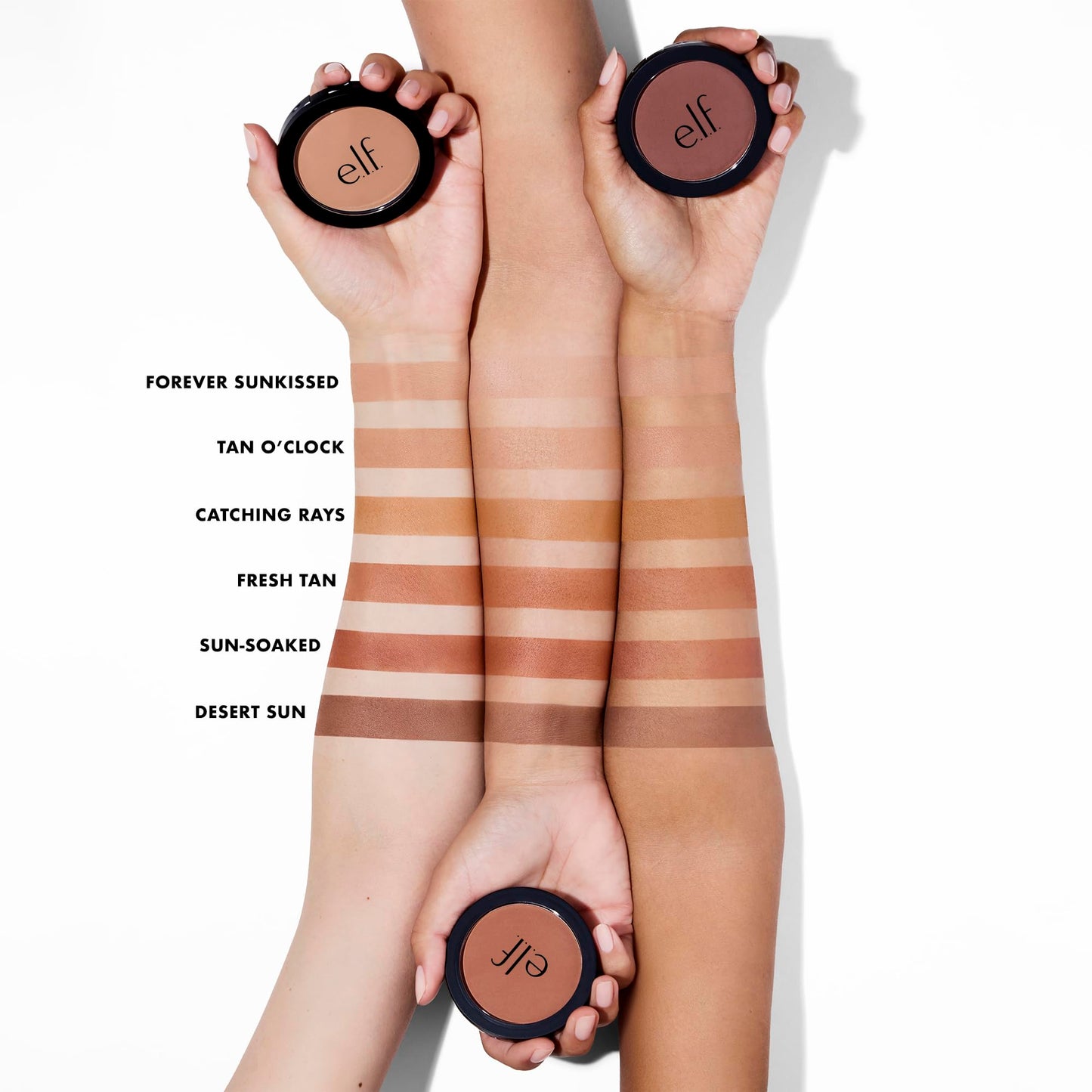 E.l.f. long lasting lightweight powder bronzer swatch on skin demonstrating buildable sun kissed warmth.