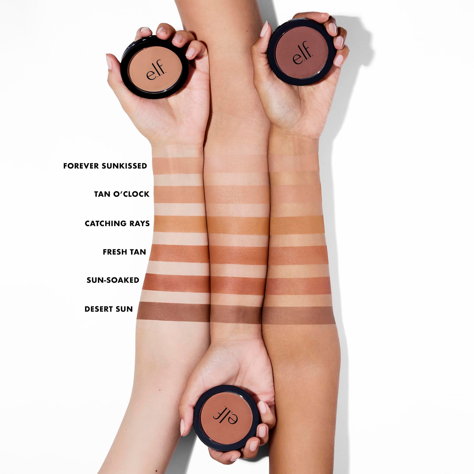 E.l.f. long lasting lightweight powder bronzer swatch on skin demonstrating buildable sun kissed warmth.