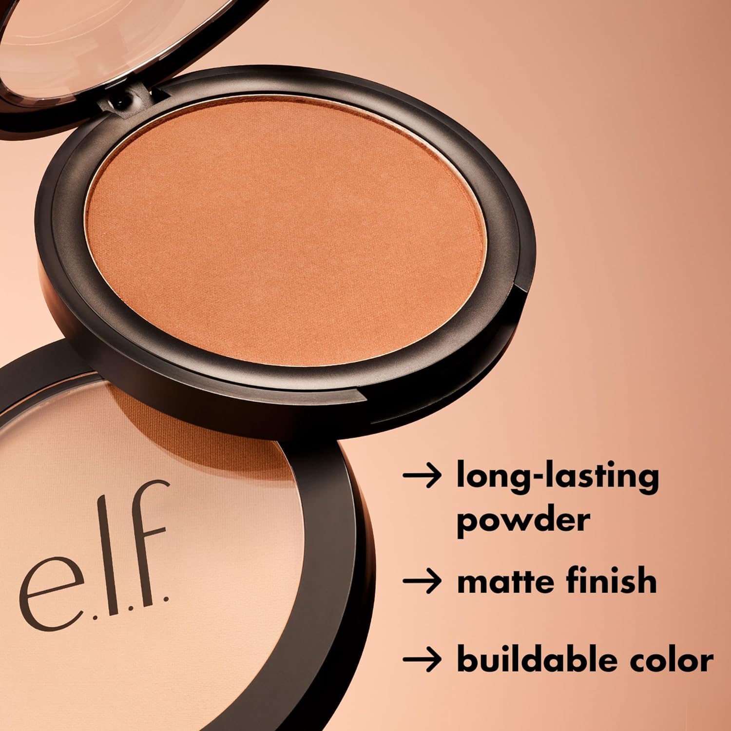 E.l.f. matte bronzer pressed powder compact back label showing product details and 10.0 grams size.