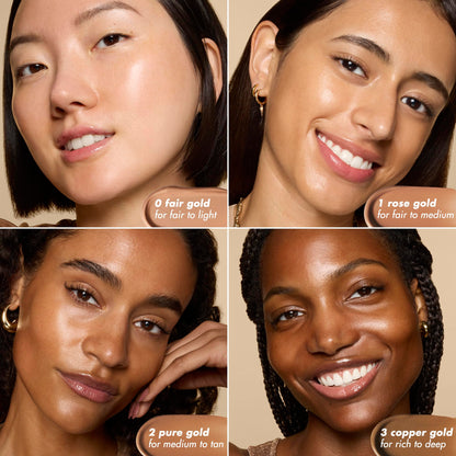 Swatches of the shimmering Pure Gold liquid bronzer on a variety of different skin tones.