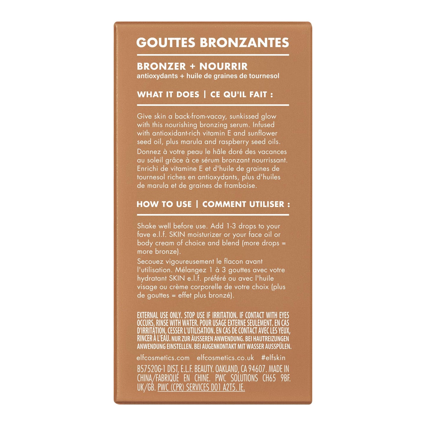 The one fluid ounce bottle of e.l.f. skincare hybrid bronzer standing upright on a clean vanity surface.