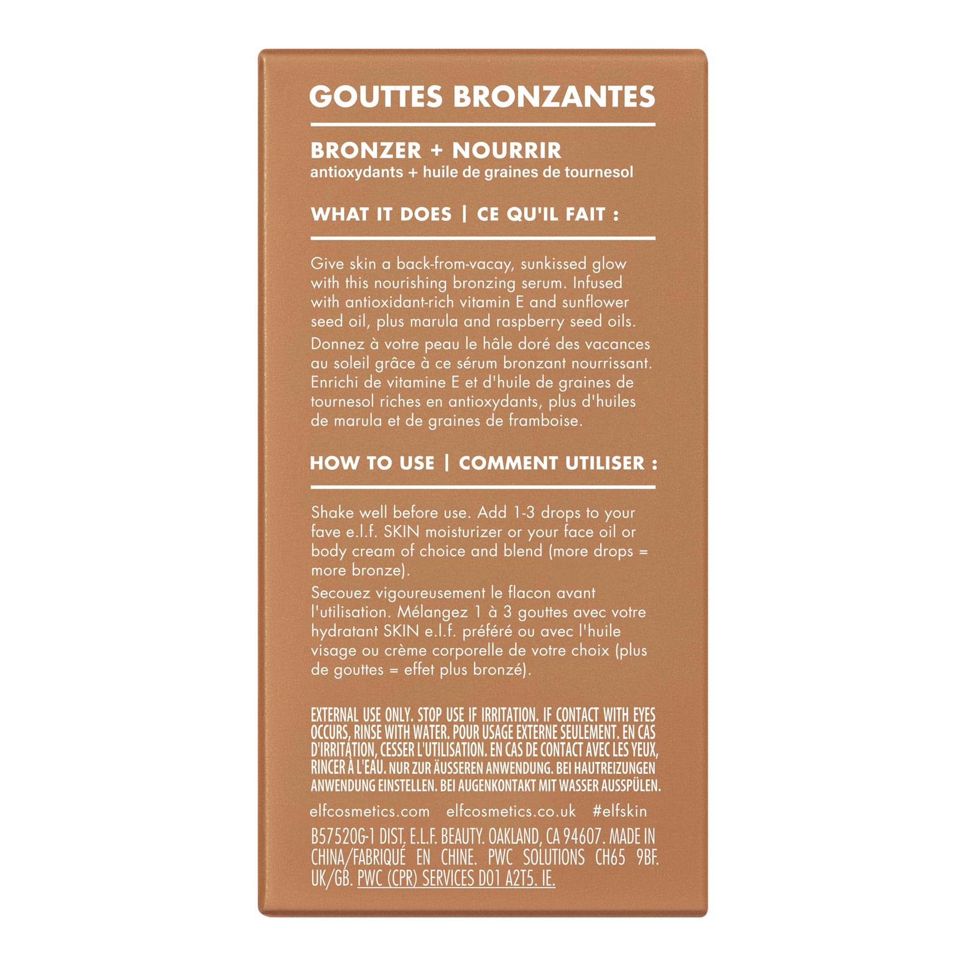 The one fluid ounce bottle of e.l.f. skincare hybrid bronzer standing upright on a clean vanity surface.
