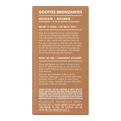 The one fluid ounce bottle of e.l.f. skincare hybrid bronzer standing upright on a clean vanity surface.