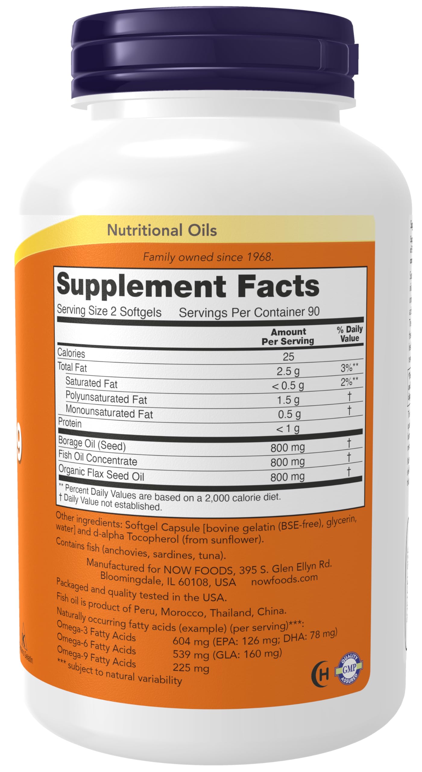Now Foods Super Omega 3-6-9 bottle label showing ingredient list