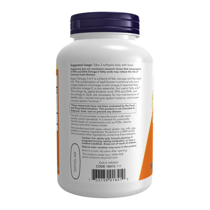 Side view of Now Foods Super Omega 3-6-9 bottle with 180 softgels