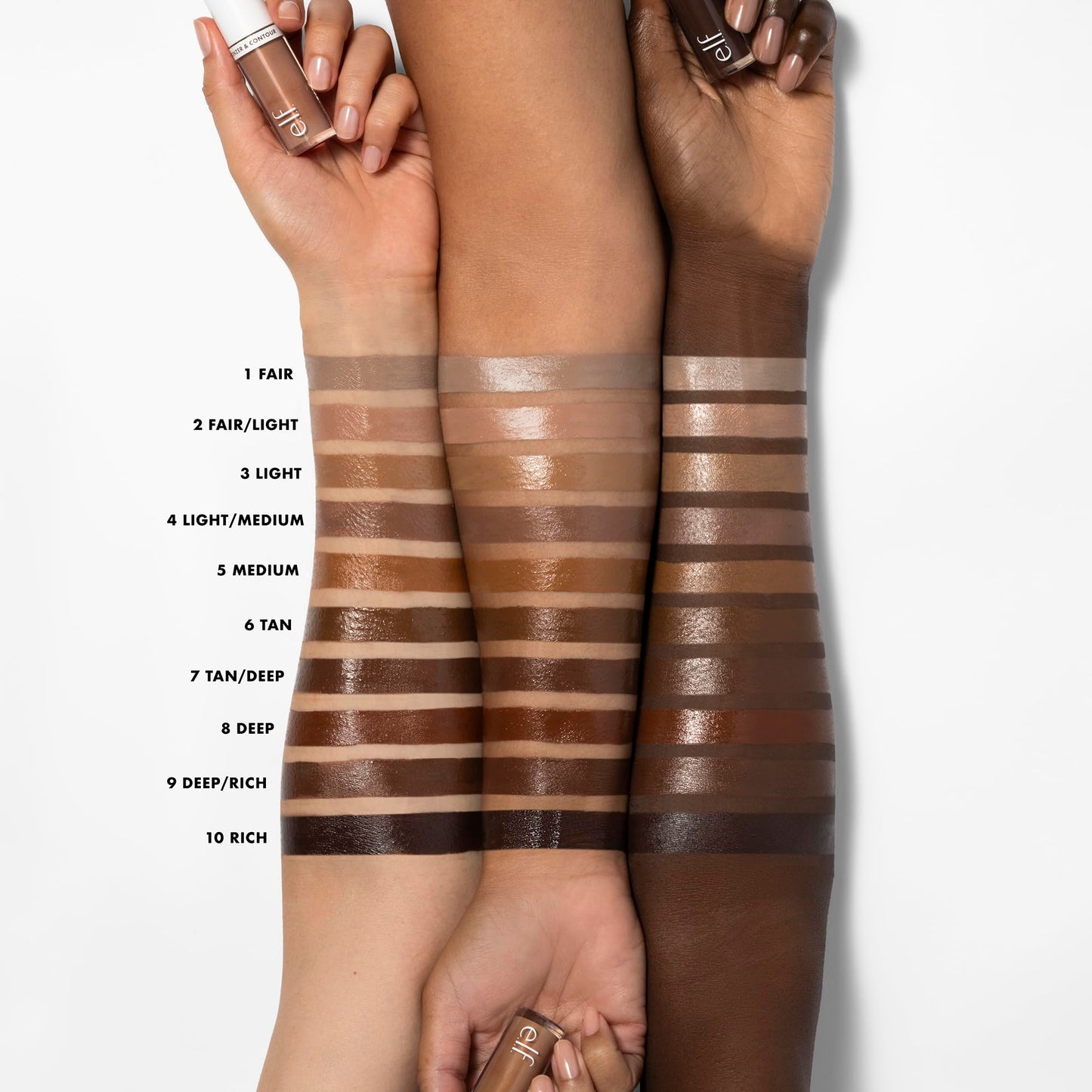 Close up view of the liquid texture and pigment swatch of shade 2 Fair Light on skin.