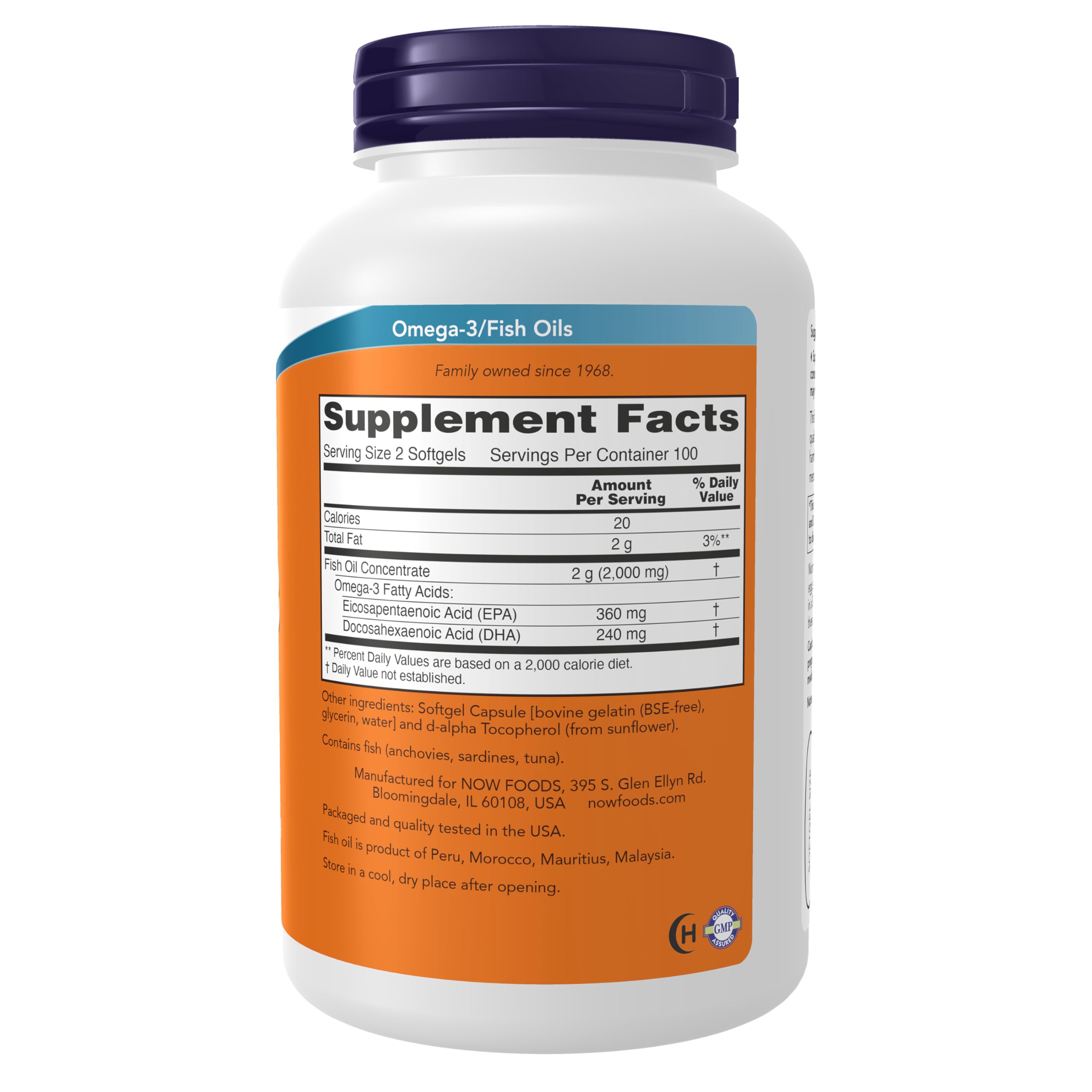Side angle of NOW Foods Omega 3 fish oil dietary supplement showcasing clear product details and label instructions