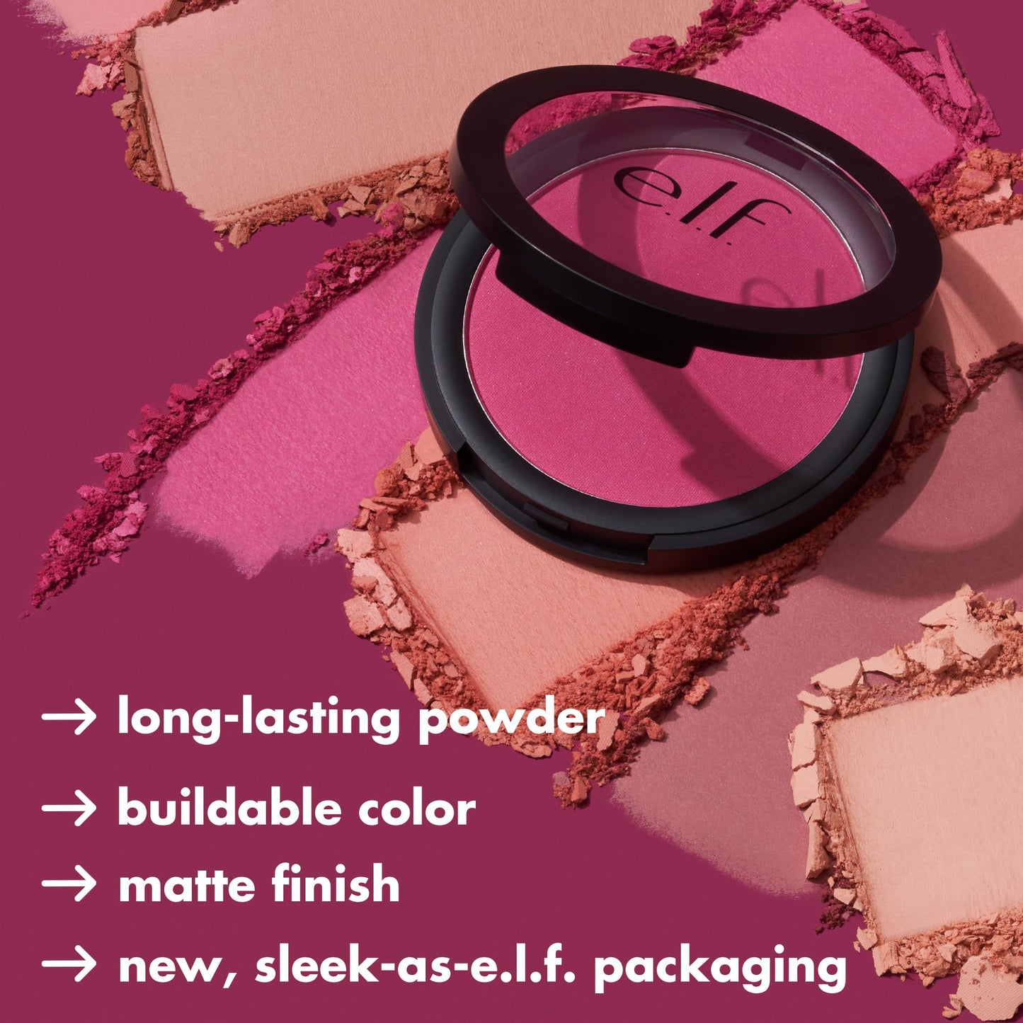 E.L.F. Always Crushing matte blush compact side angle showing the sleek design and travel friendly packaging