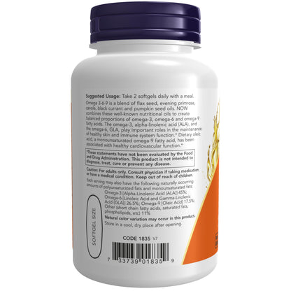 Now Foods Omega 3-6-9 nutritional oil blend softgel label