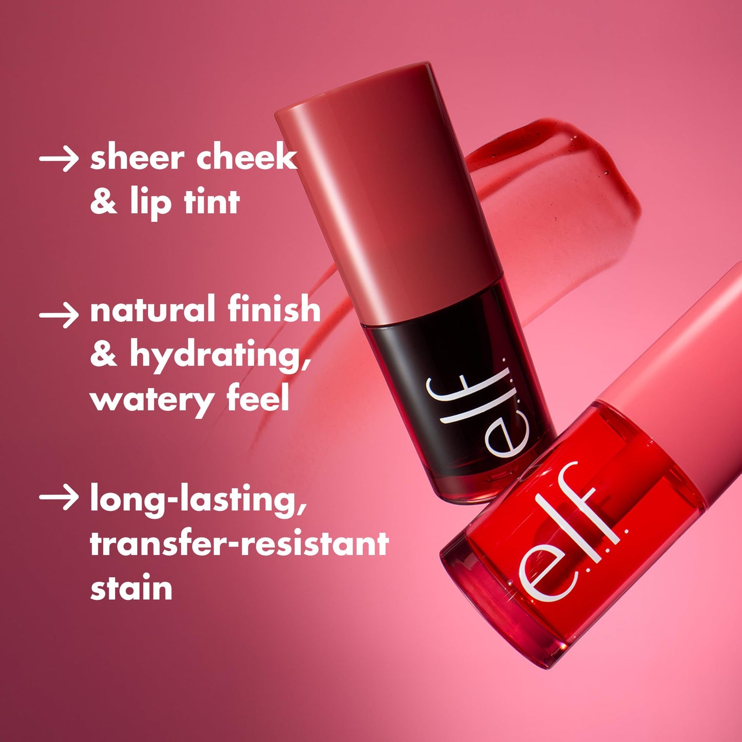 e.l.f. Cosmetics multi-use watery blush stain packaging showing the Pink Positive shade indicator