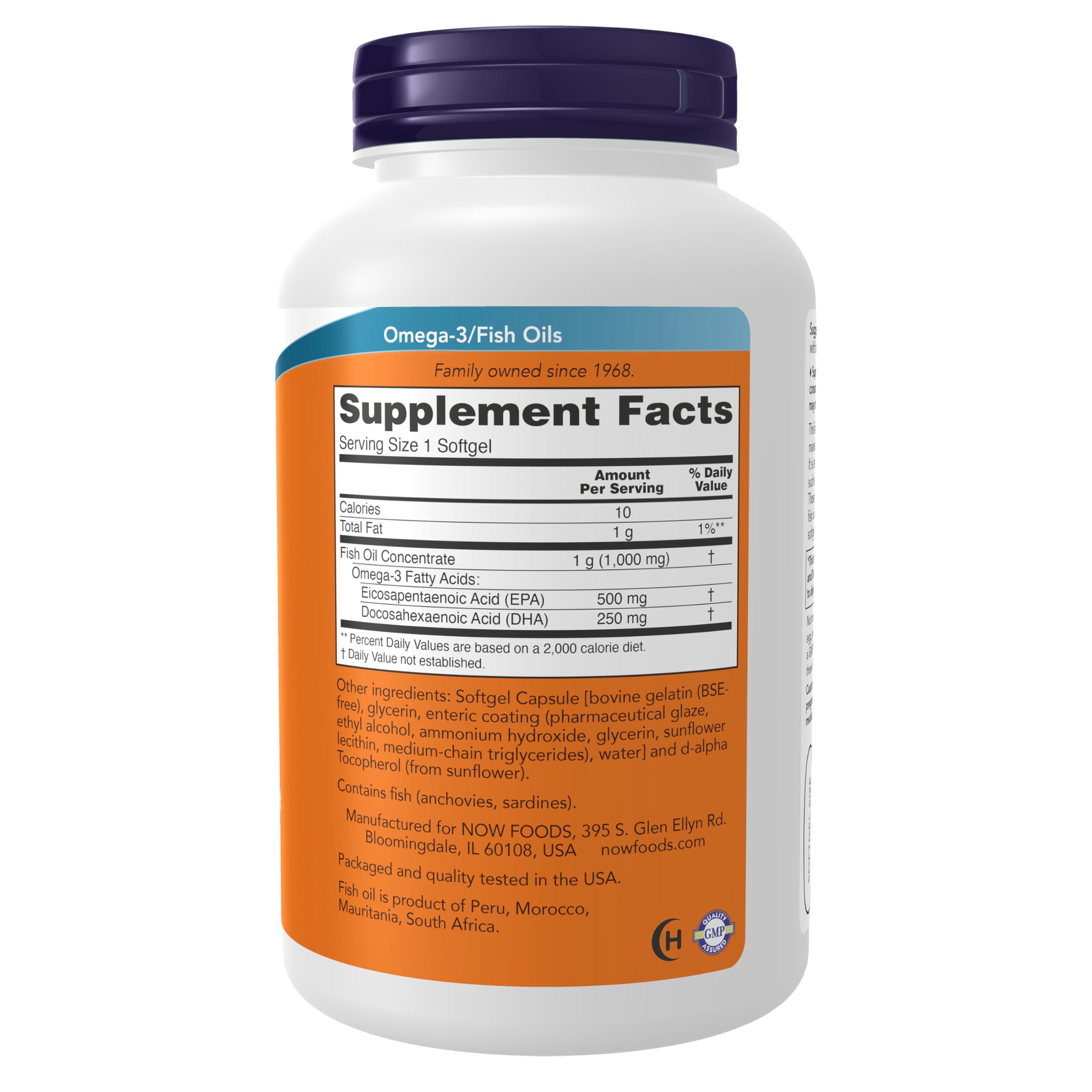 Now Foods Ultra Omega 3 dietary supplement showing the 500 EPA and 250 DHA formulation details.