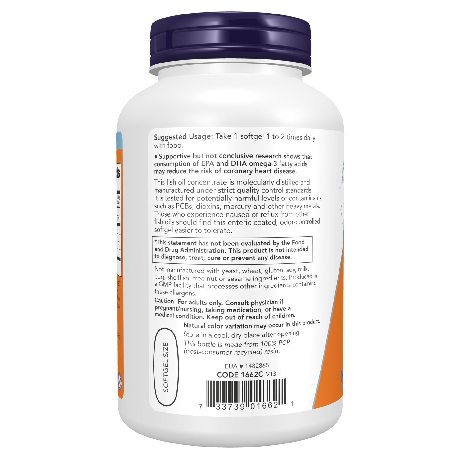 Side view of Now Foods molecularly distilled fish oil bottle detailing allergen information and purity standards.
