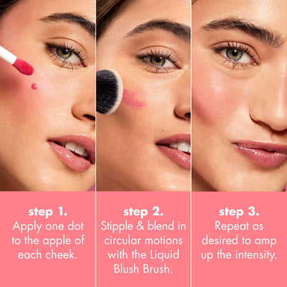 Applying E.L.F. Camo Liquid Blush to cheeks for a radiant soft flush