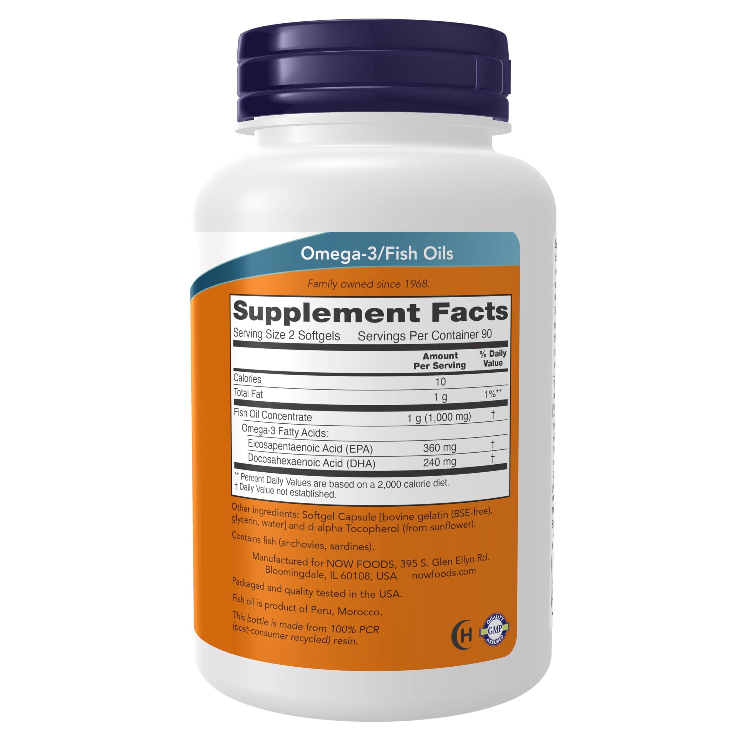 NOW Foods molecularly distilled fish oil supplement packaging highlighting the 180 EPA and 120 DHA breakdown.