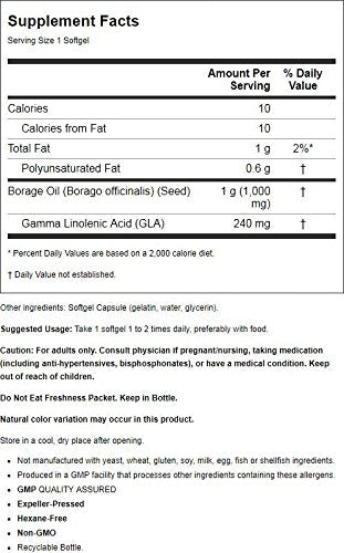 Supplement facts and ingredients label on the back of NOW Foods borage seed oil bottle