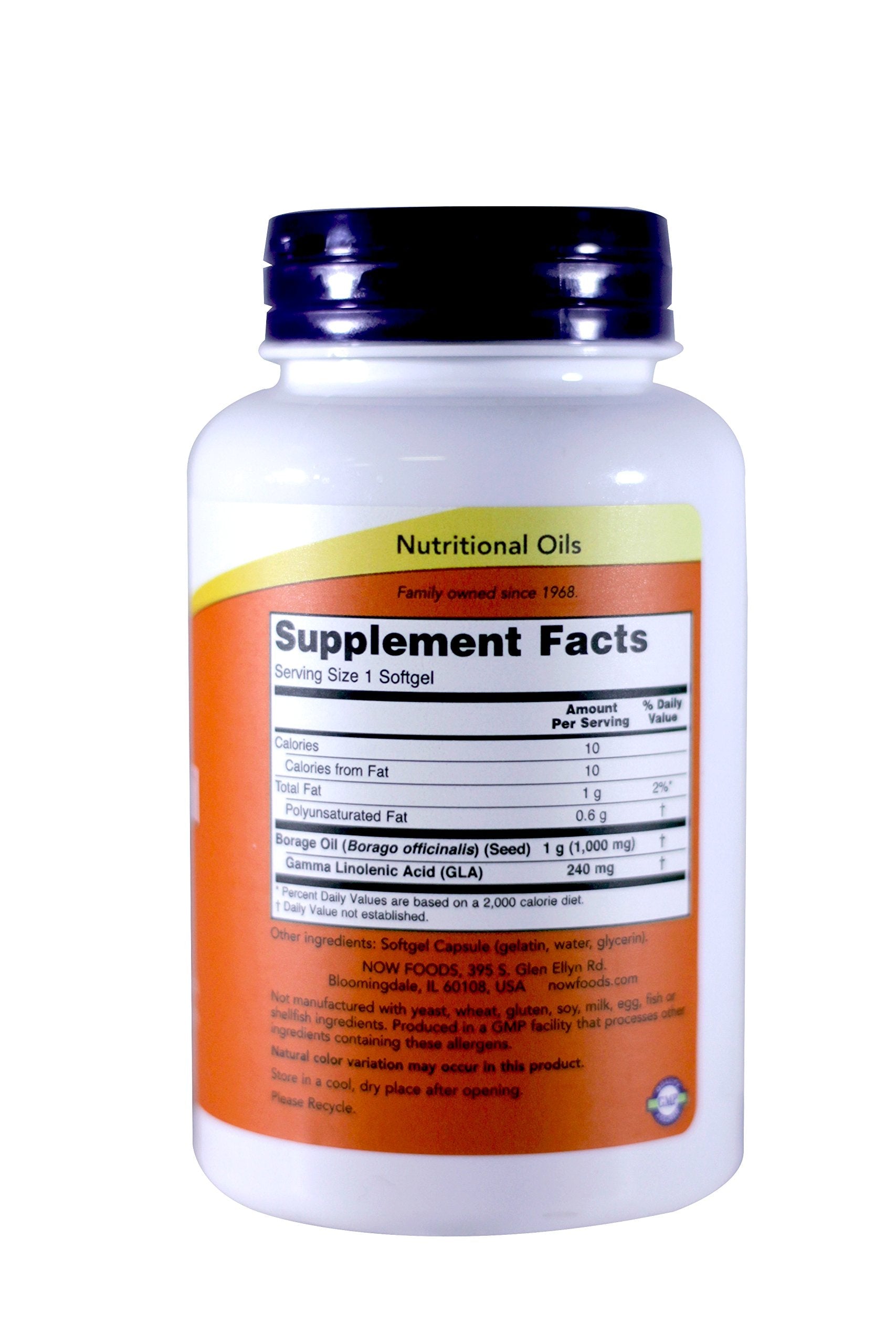 Side view of Now Foods Borage Oil supplement label highlighting the 240 Milligrams Gamma-Linolenic Acid formulation details.