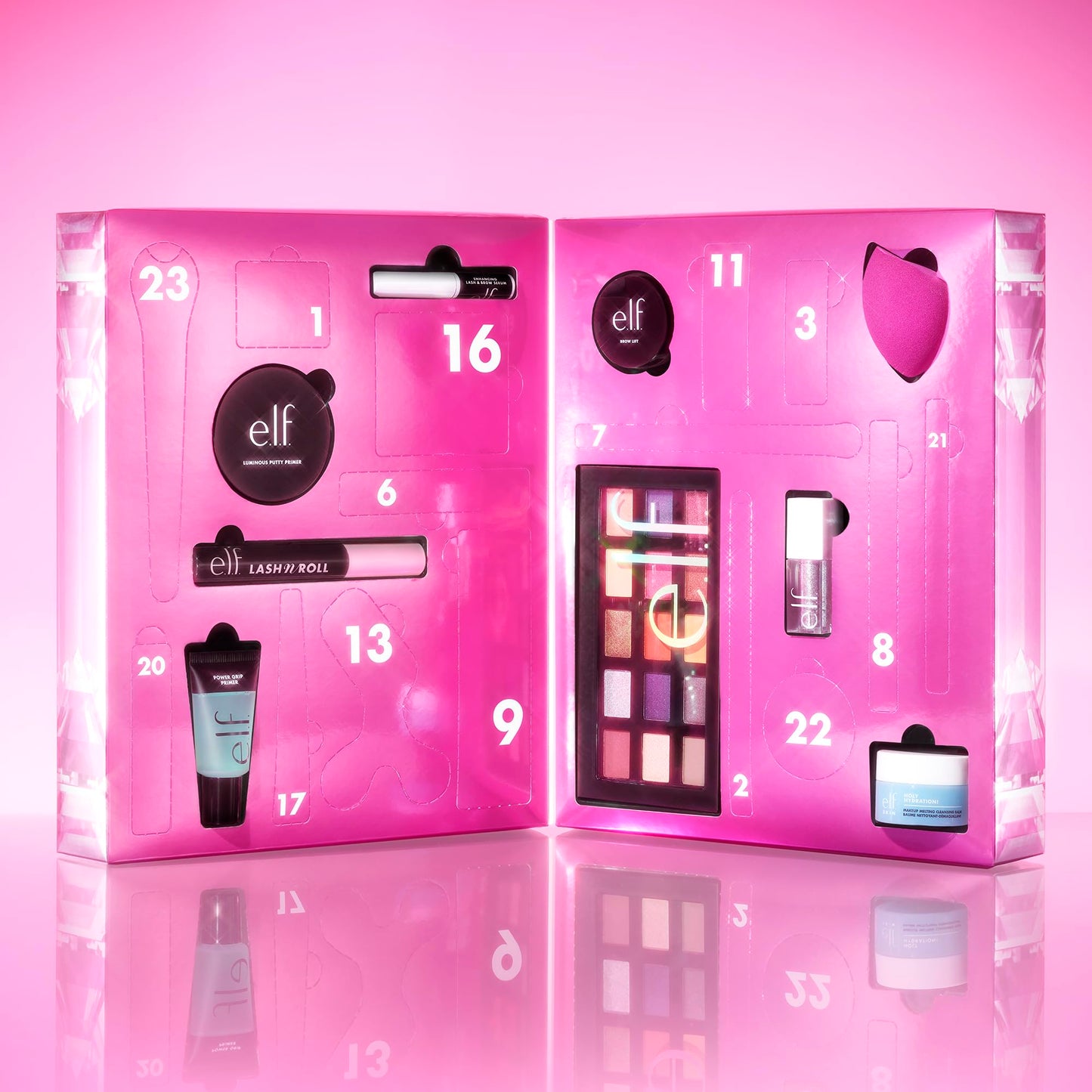Imported e.l.f. holiday beauty collection revealing internal compartments and daily surprises.