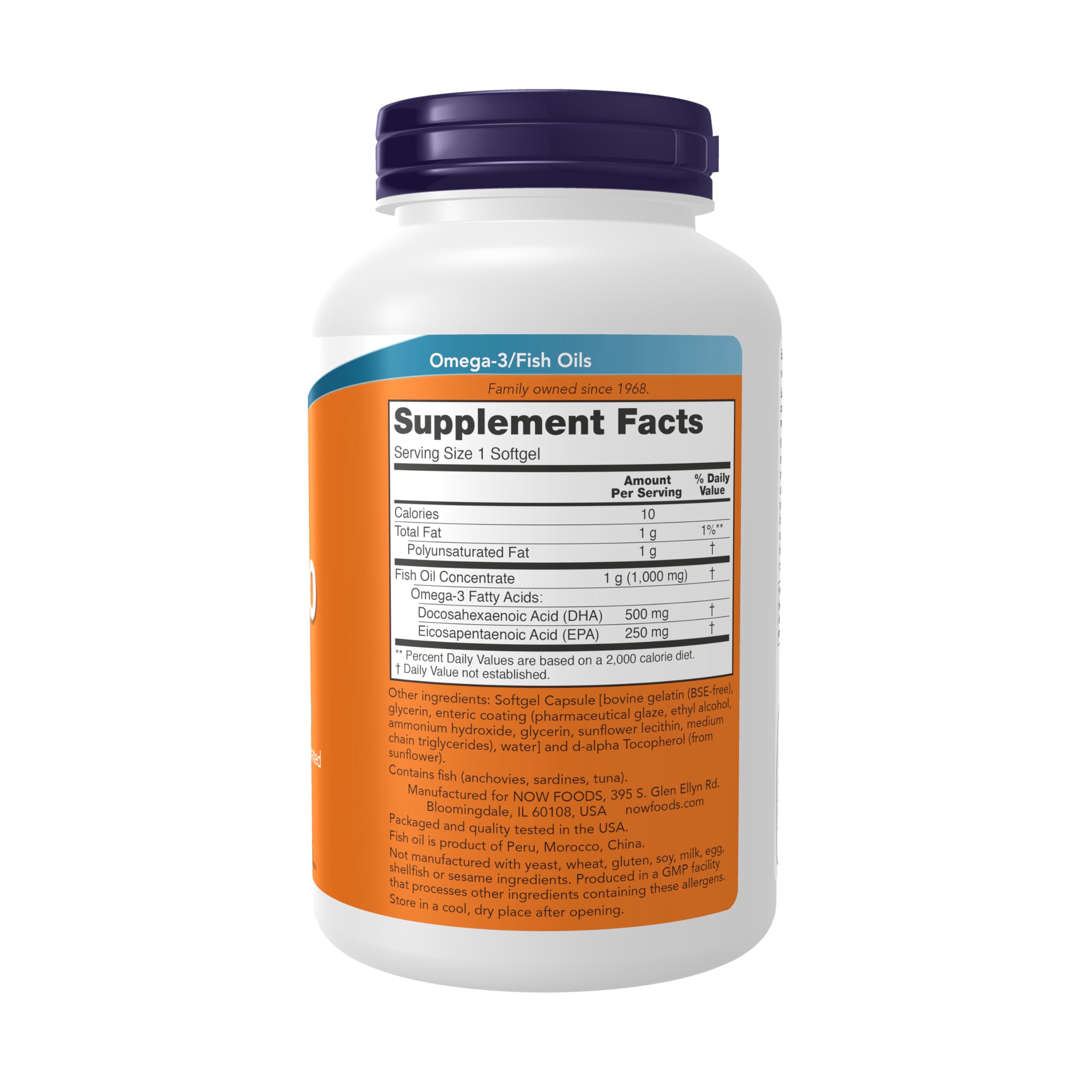 NOW Foods DHA 500 Fish Oil supplement facts label showing five hundred milligrams DHA and two hundred fifty milligrams EPA