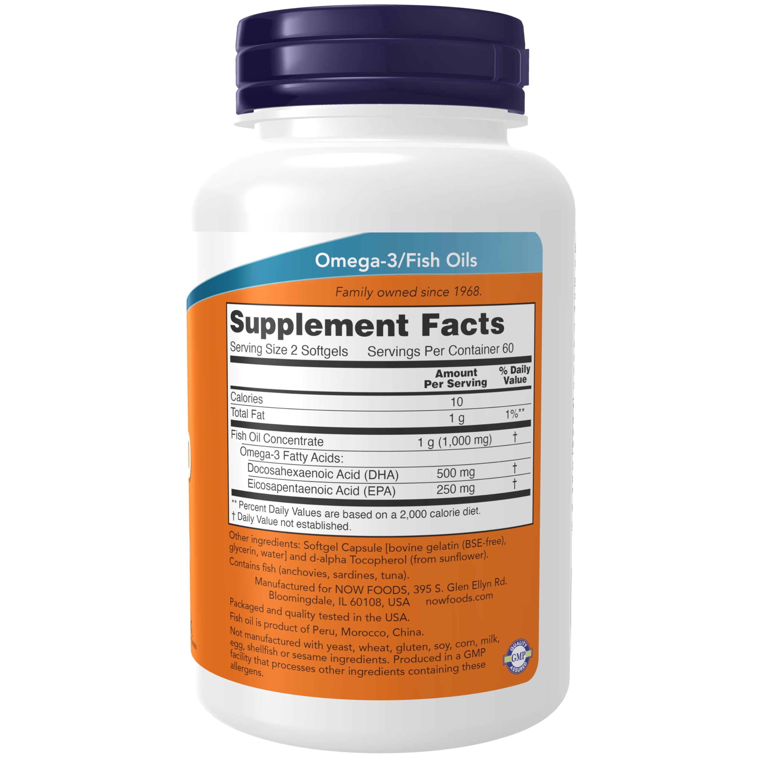 NOW Foods Omega 3 molecularly distilled fish oil dietary supplement label details.