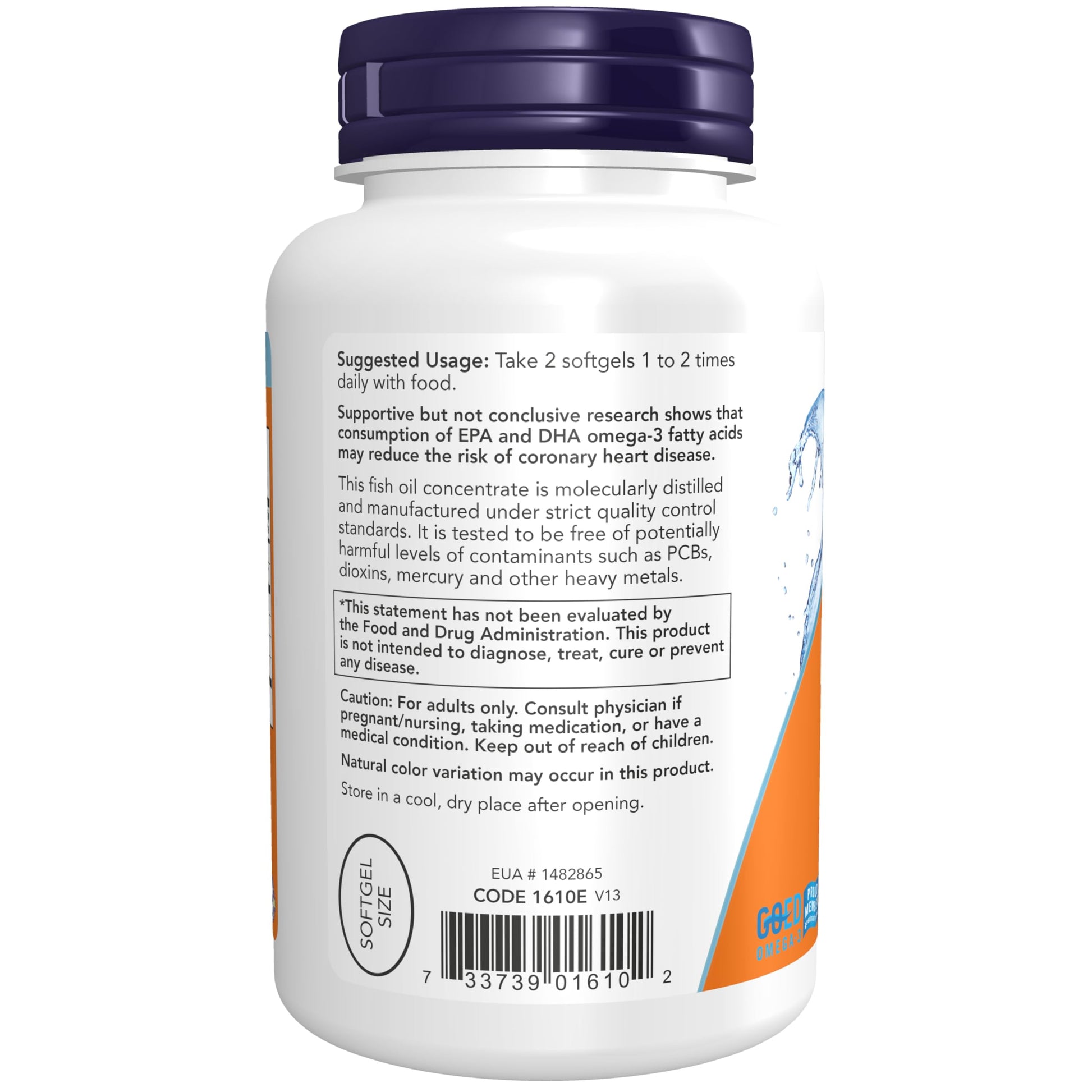 Side profile of NOW Foods DHA 250 bottle showing supplement facts panel.