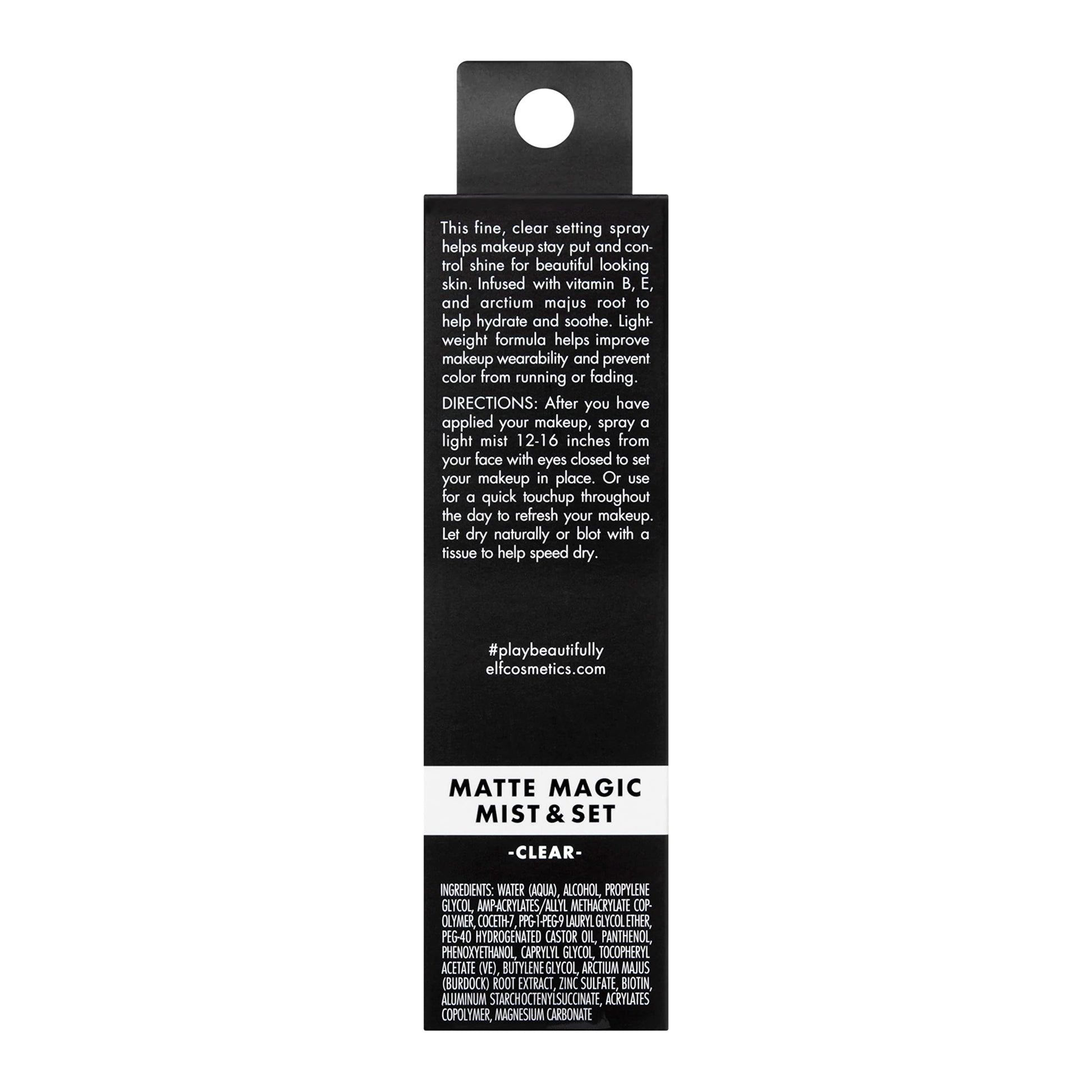 Back view of e.l.f. Matte Magic Mist and Set showing ingredients