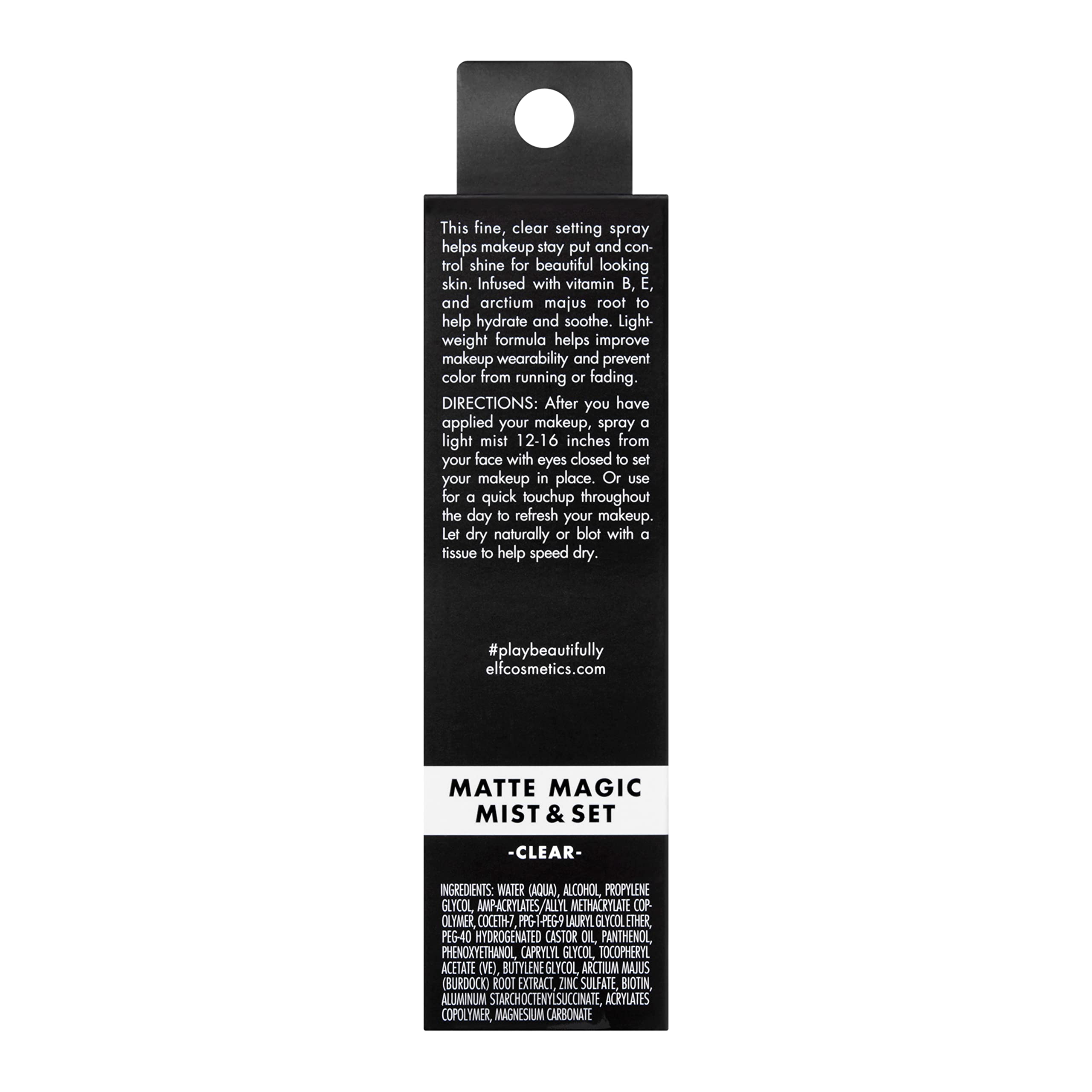 Back view of e.l.f. Matte Magic Mist and Set showing ingredients