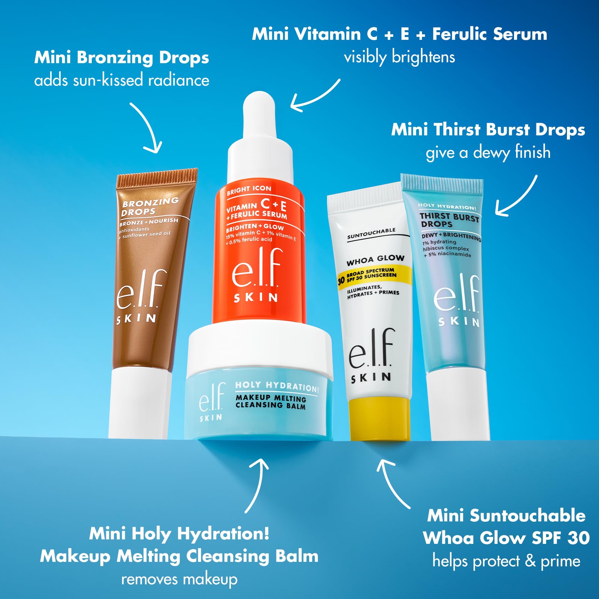 e.l.f. travel size skincare routine items placed neatly on a clean white surface.