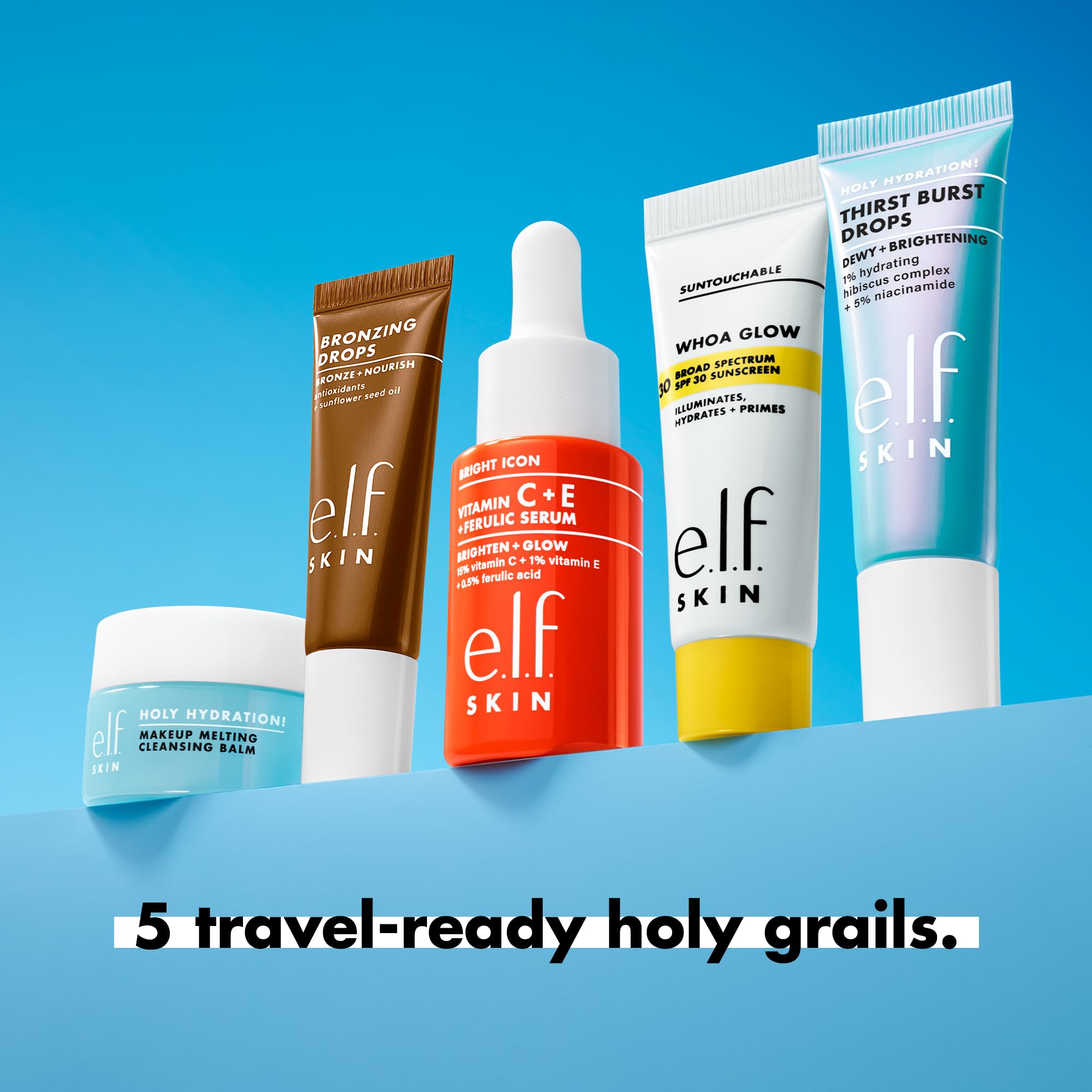 e.l.f. Suntouchable Whoa Glow SPF thirty sunscreen mini tube for daily UV protection.
