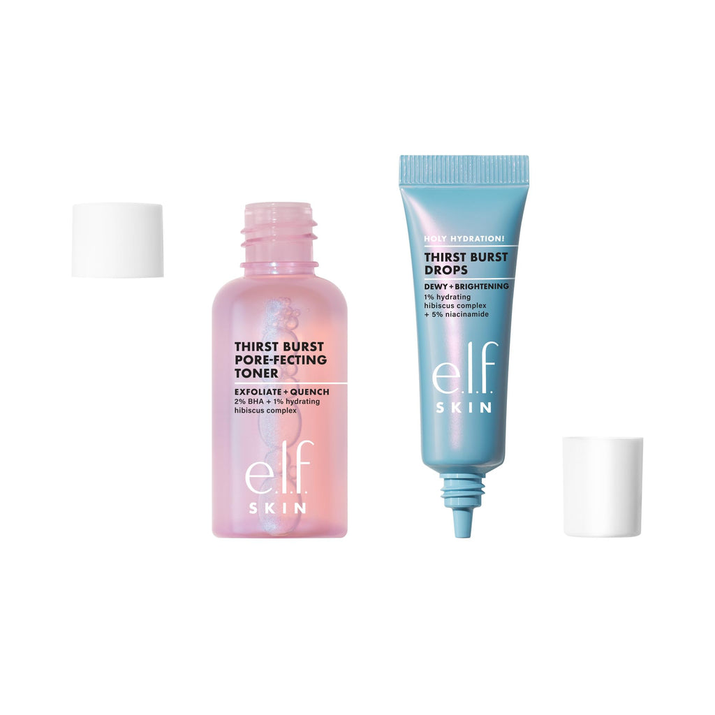 Overhead flat lay of e.l.f. thirst burst dew o skincare kit components
