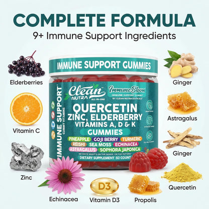Clean Nutraceuticals immunity gummies showcasing the rich blend of elderberry sea moss and turmeric.