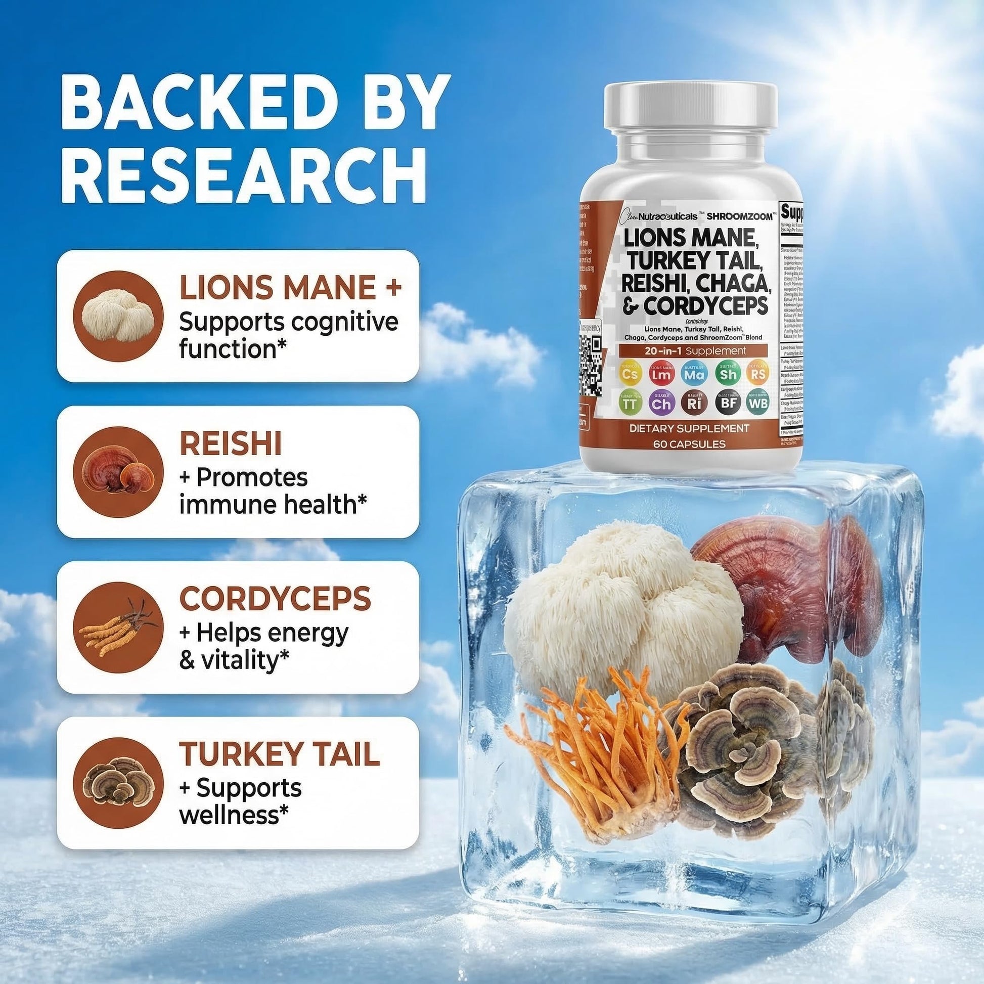 Clean Nutraceuticals Lions Mane capsules supplement facts panel displaying premium ingredient potencies.