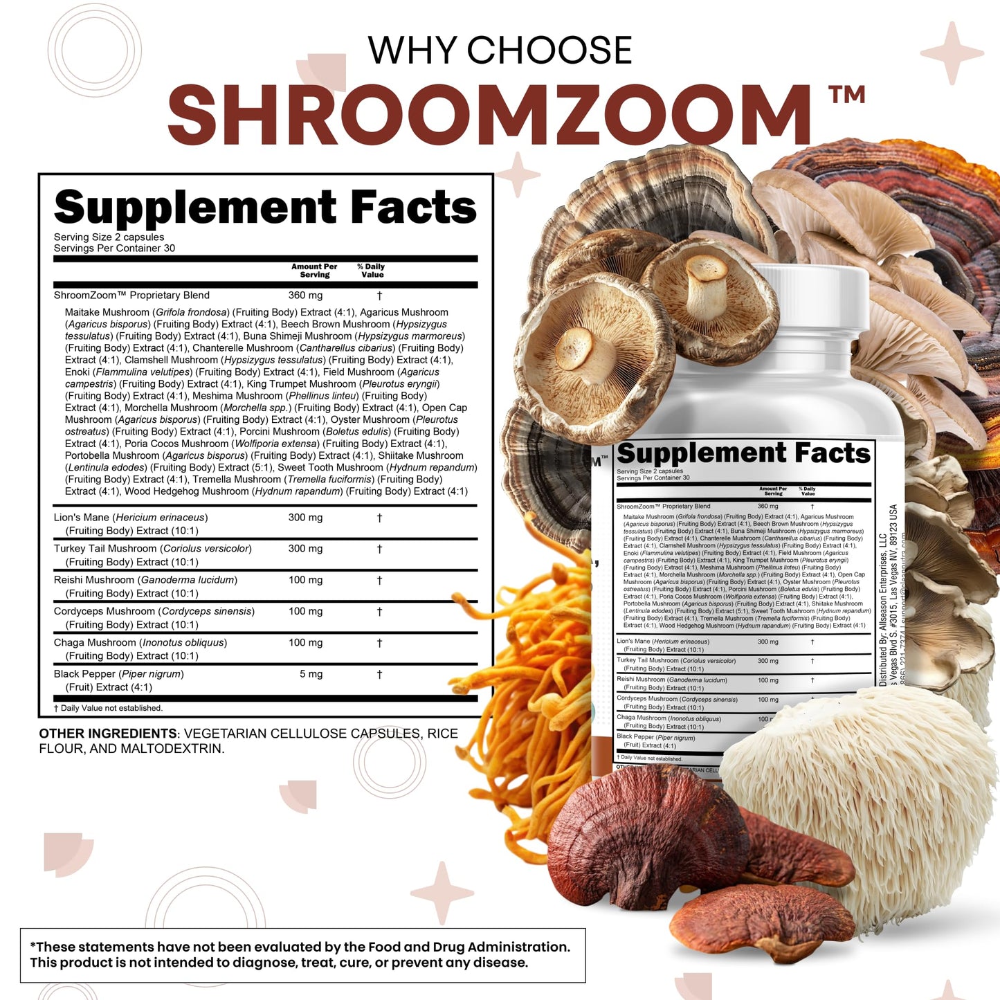 Close up of ShroomZoom daily mushroom capsules next to the premium protective dietary supplement bottle.